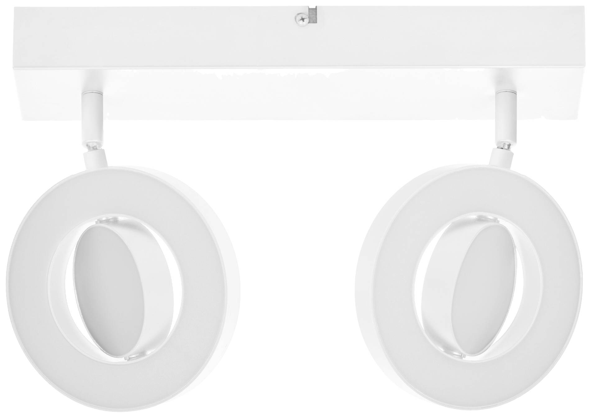 Zwei weiße, runde Deckenleuchten sind an einer rechteckigen Halterung befestigt und zeigen nach unten.