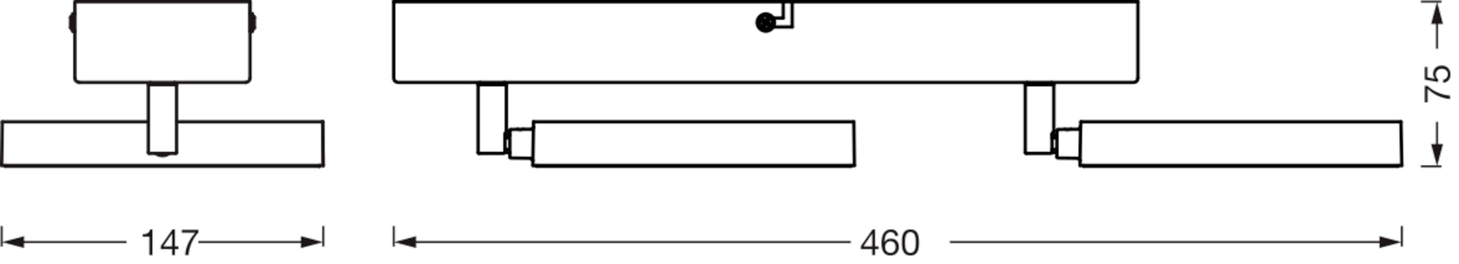Technische Zeichnung einer Halterung mit Maßen: 147 mm und 460 mm Breite, 75 mm Höhe. Geeignet zur Planung und Montagehilfe.