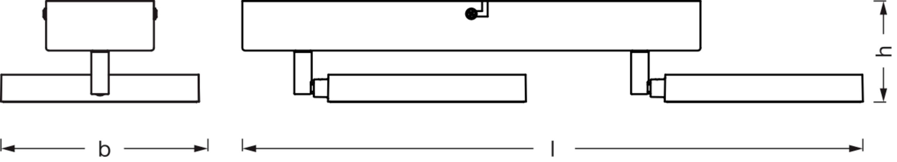 Technische Skizze eines Hebelmechanismus mit Beschriftungen: 'b', 'l', und 'h' für Breite, Länge und Höhe der Komponenten.