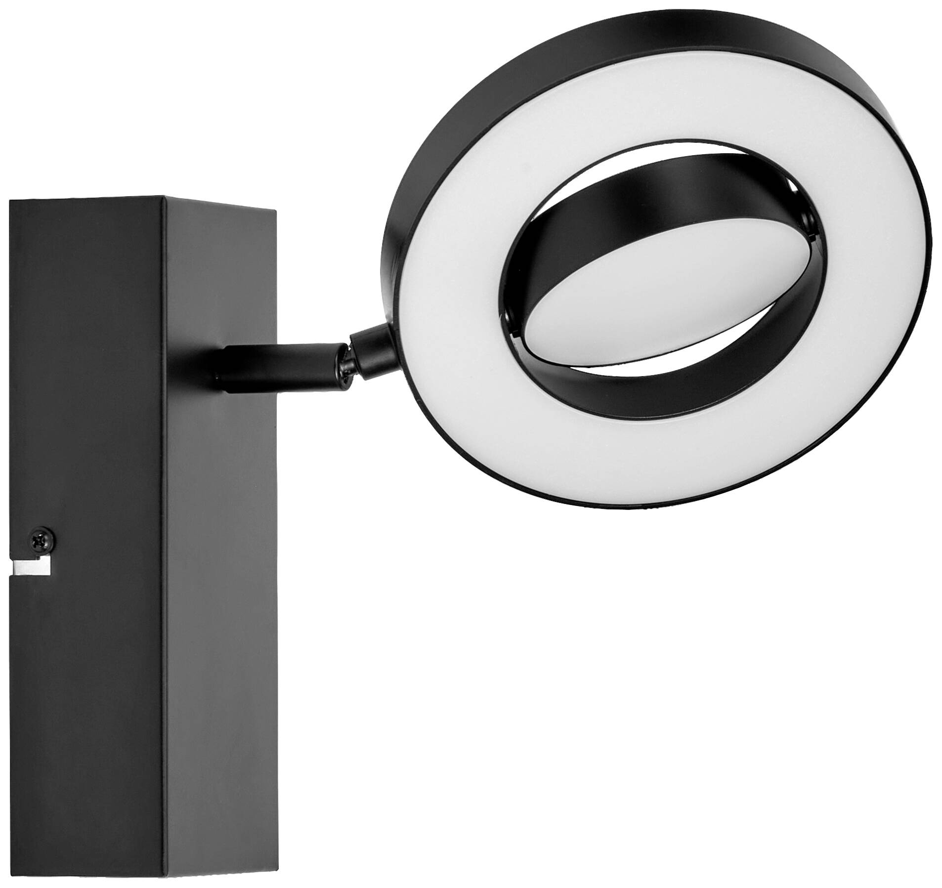 Schwarze Wandlampe mit rundem, verstellbarem LED-Leuchtring. Modernes Design, geeignet für Innenräume.