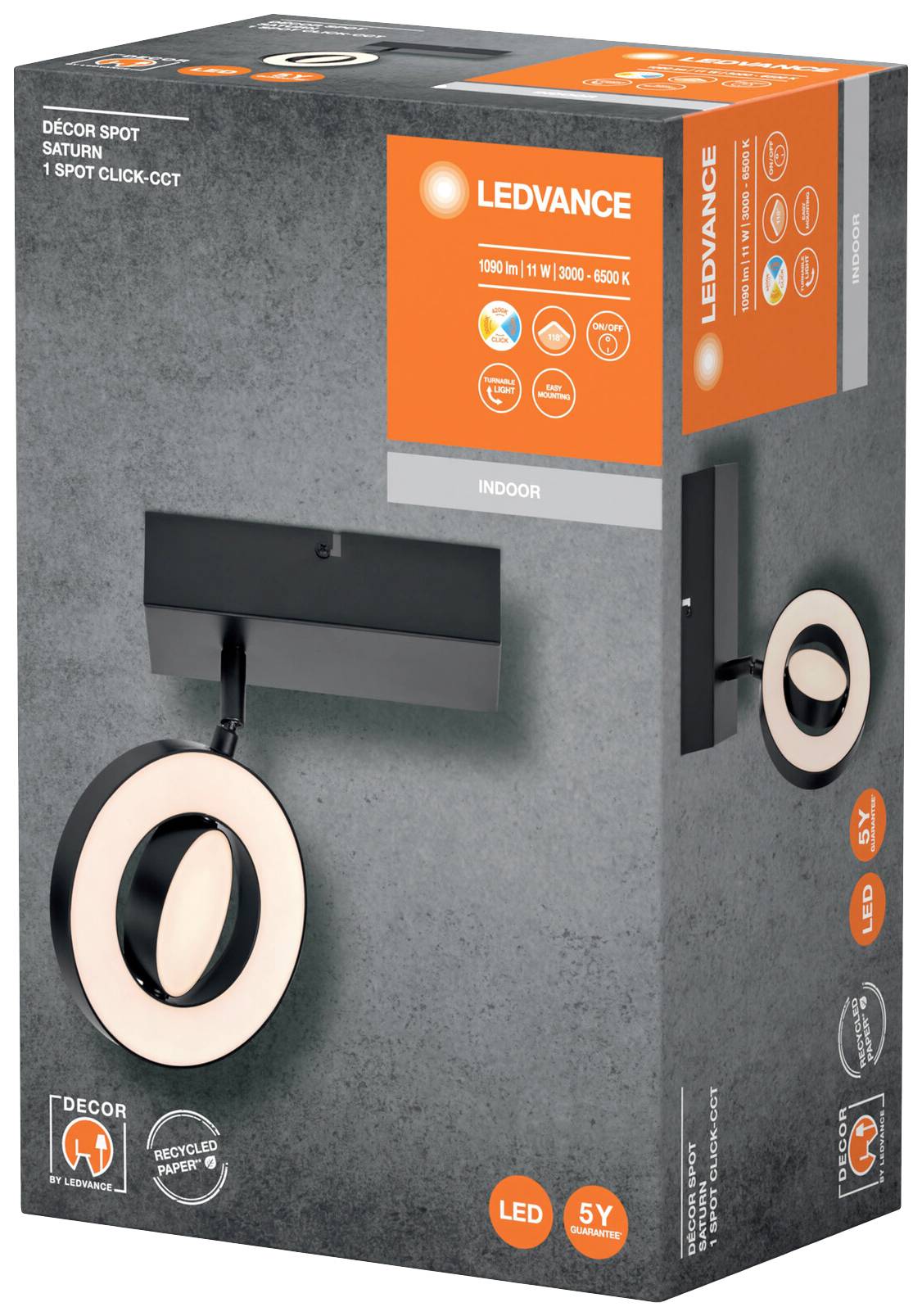 LED-Wandleuchte von Ledvance, Modell 'Décor Spot Saturn', 1 Spot, innen, 1050 Lumen, 3000-6500K, 5 Jahre Garantie, in schwarzem Gehäuse.