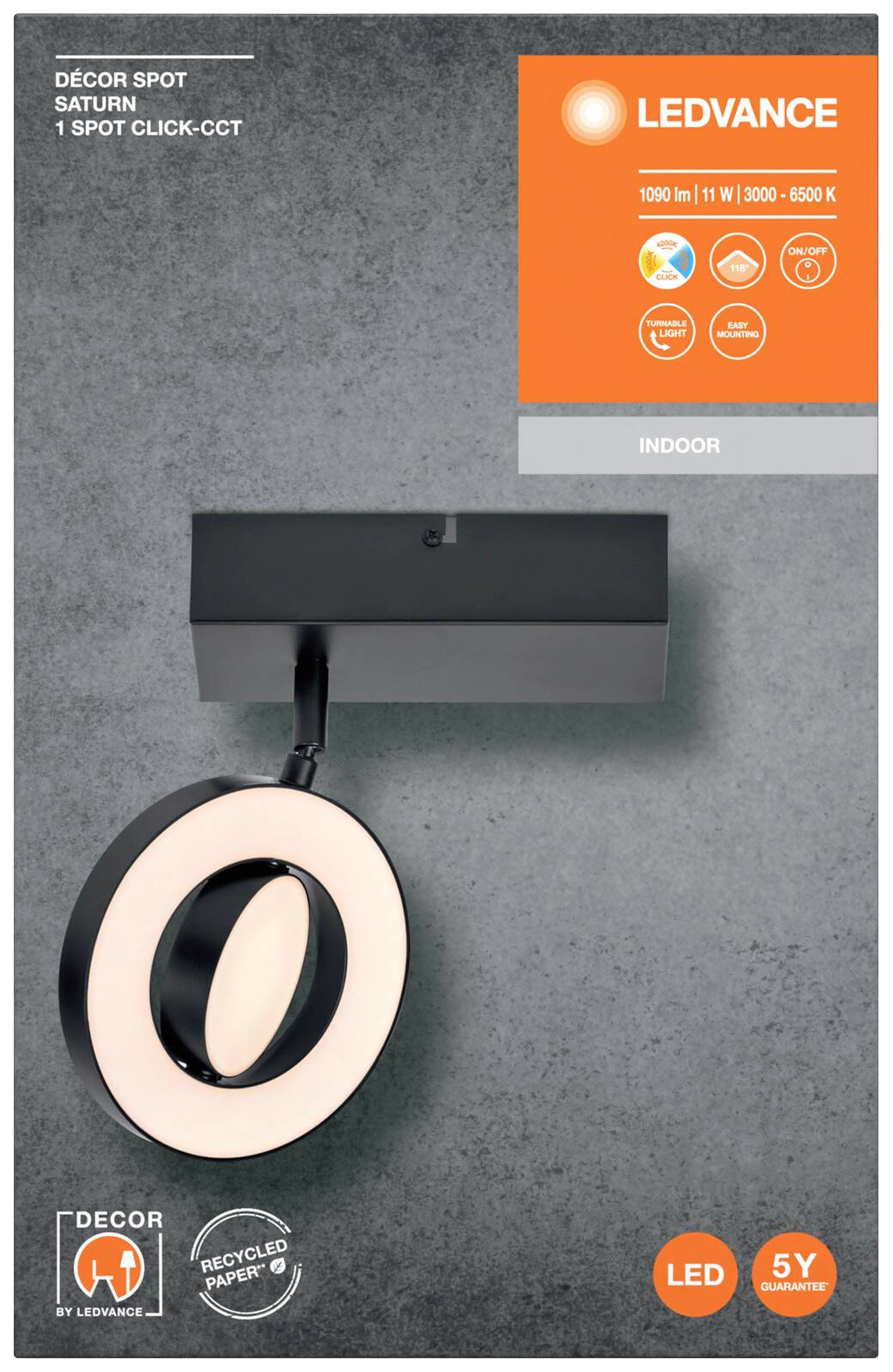 LEDVANCE Décor Spot Saturn in Schwarz, 1 Spot, 11 Watt, einstellbare Farbtemperatur 3000-6500 K, geeignet für Innenraumbeleuchtung.