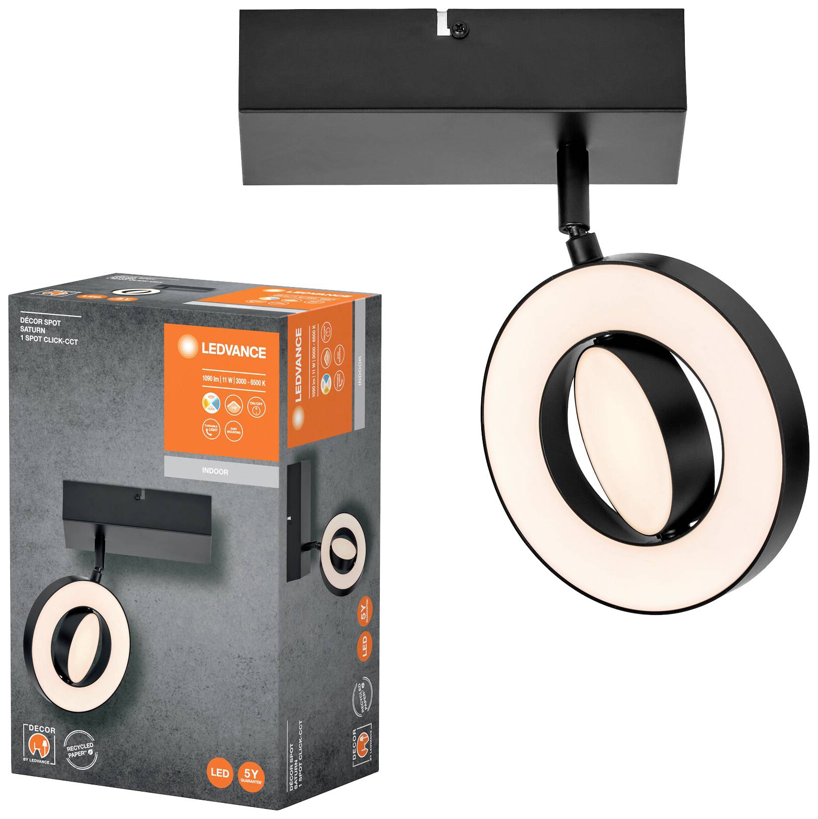 Eine LEDWANCE Deckenleuchte mit modernem, rundem Design und einer Verpackung, die das Produkt mit seinen Eigenschaften zeigt.