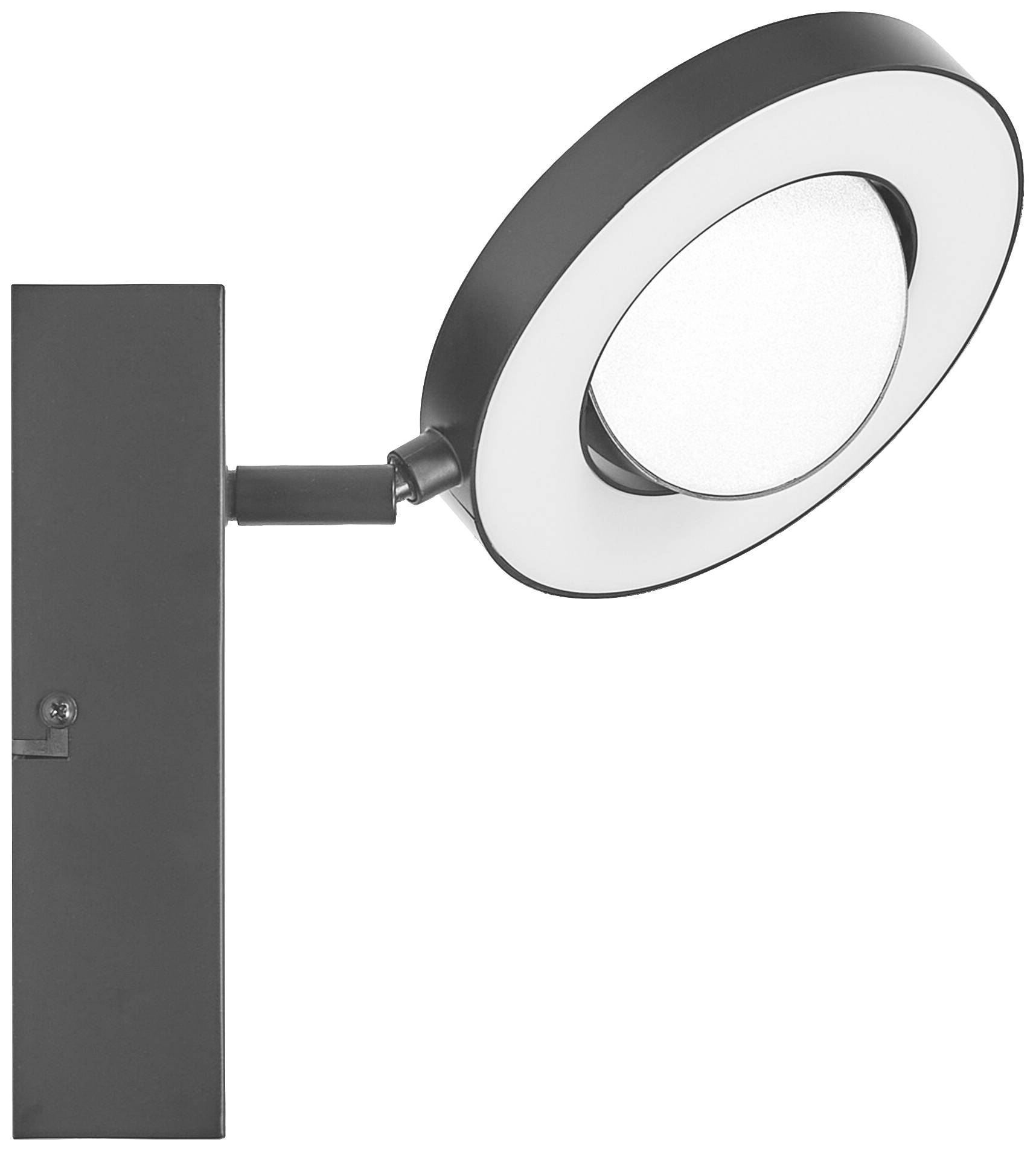 Eine moderne, runde Wandleuchte mit schwarzem Rahmen und glänzender weißer Innenfläche, montiert auf einer vertikalen Halterung.