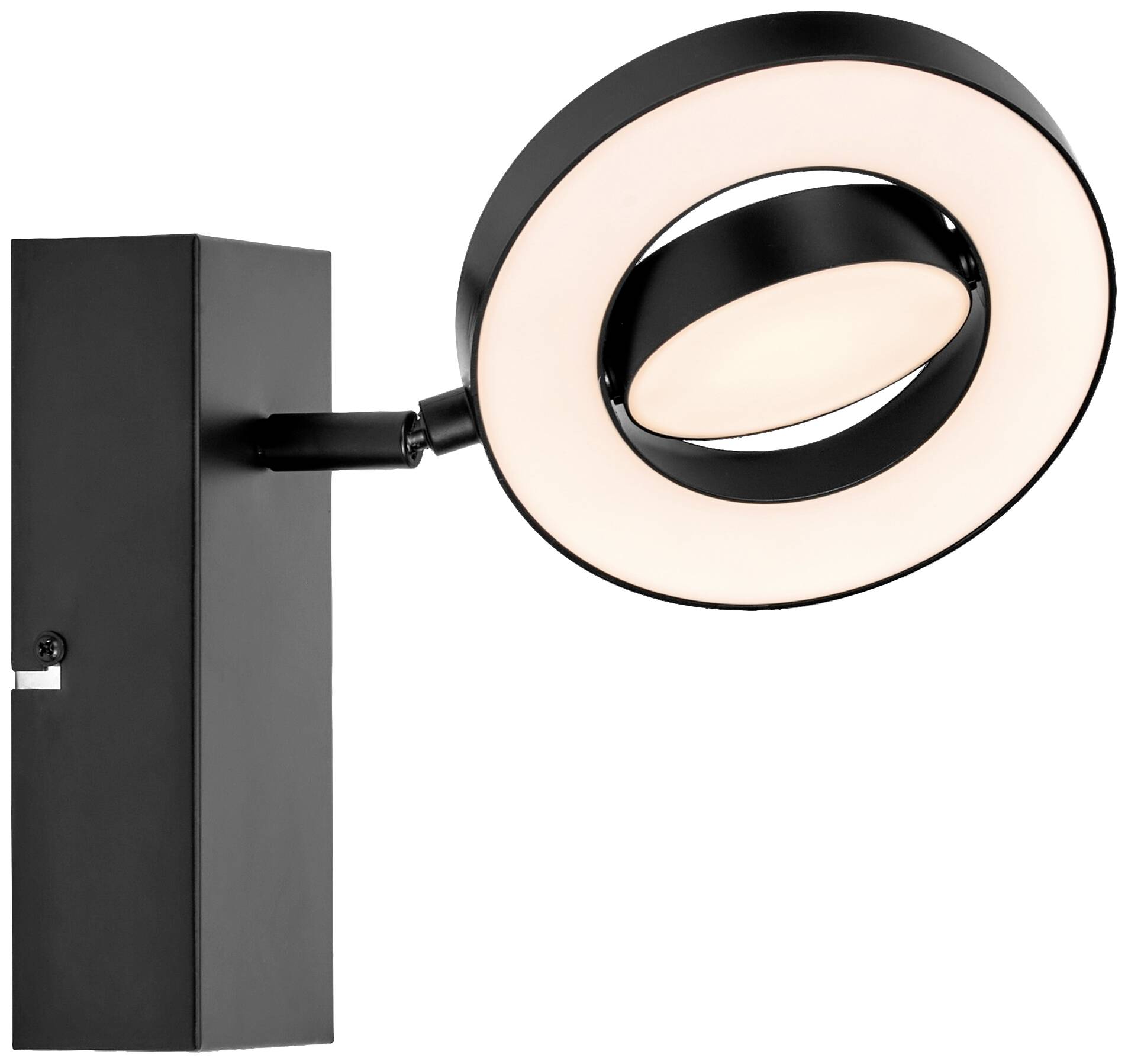 Schwarze, moderne Wandleuchte mit rundem, leuchtendem Element. Elegantes Design für zeitgemäße Inneneinrichtung.