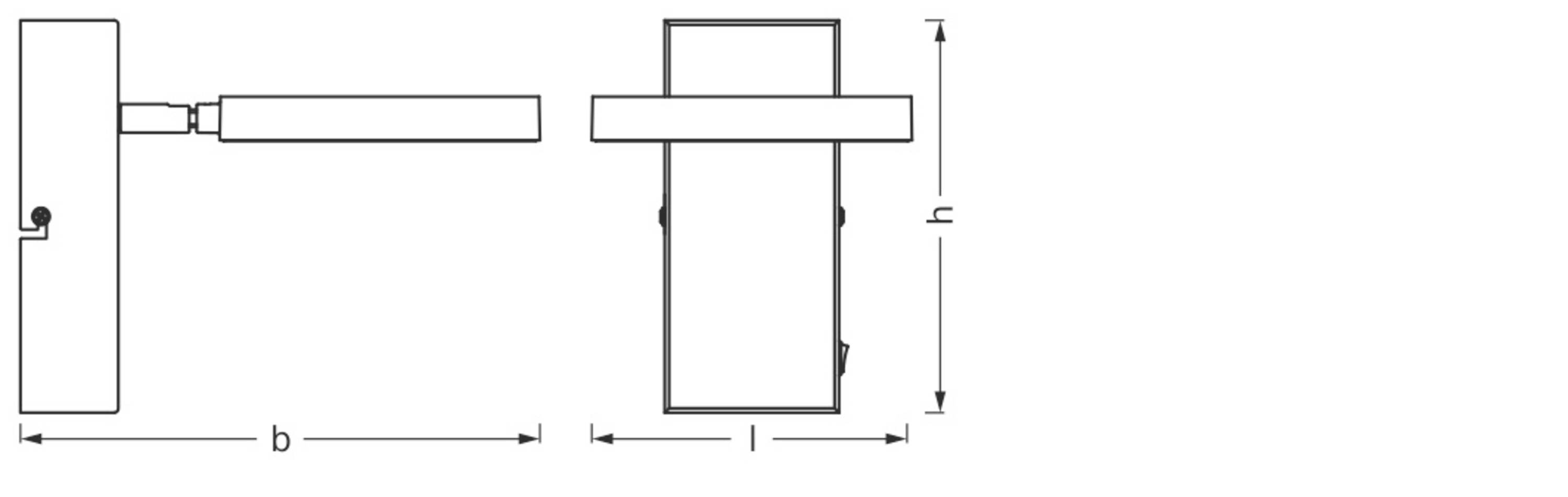 Technische Zeichnung eines Beschlags mit Seiten- und Vorderansicht. Maße sind 'b', 'l', und 'h' in der Seitenansicht angegeben.