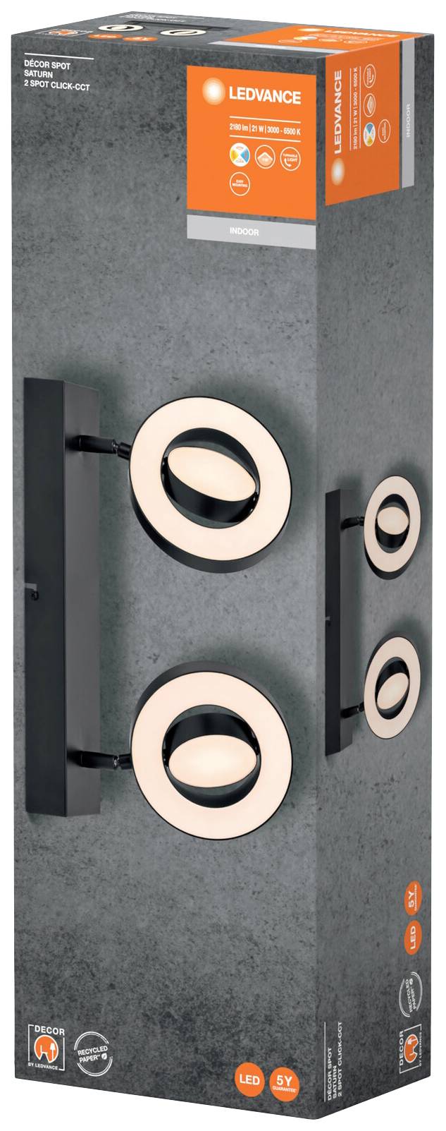 Verpackung mit zwei runden LED-Wandleuchten von LEDVANCE, schwarz, für Innenbereich geeignet. Enthält technische Details und Logos.