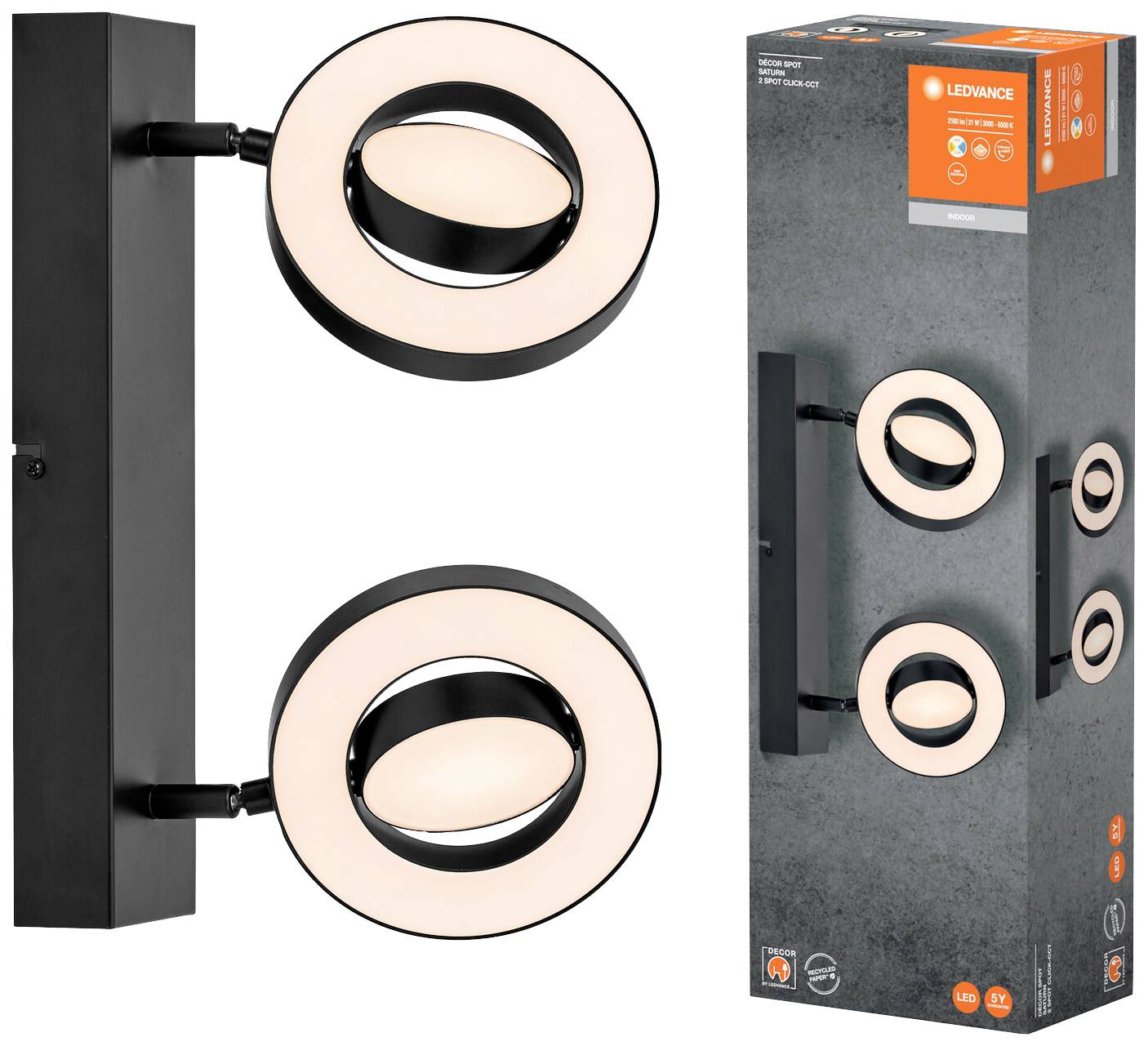 Zwei runde LED-Wandleuchten mit schwarzem Gehäuse und weißem Leuchtring. Rechts ist die Produktverpackung abgebildet.