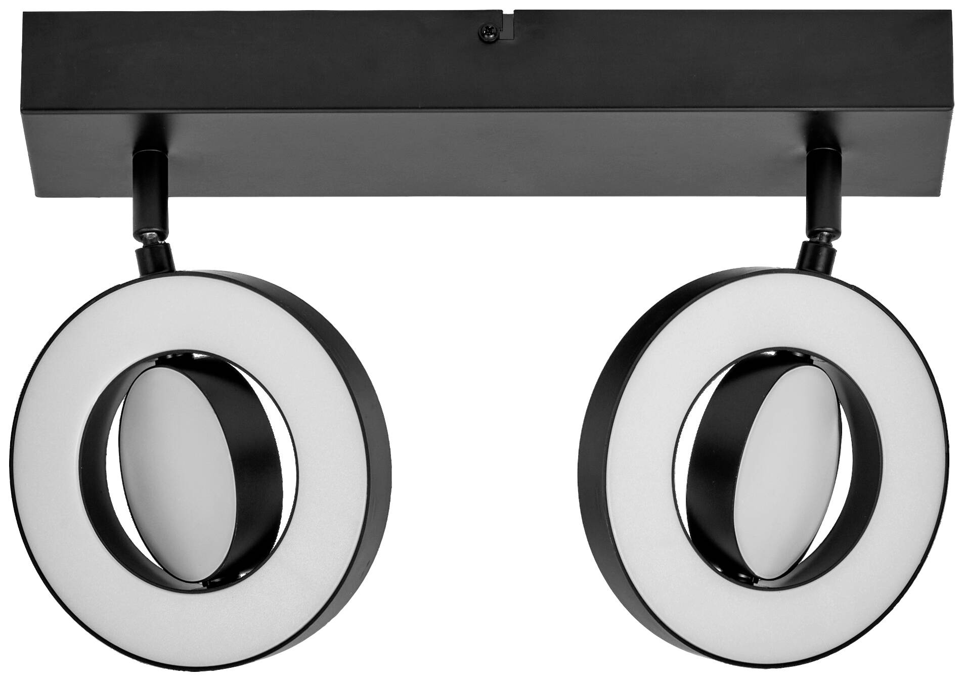 Schwarze Deckenleuchte mit zwei runden, verstellbaren Lampen, modernem Design und rechteckiger Deckenhalterung.