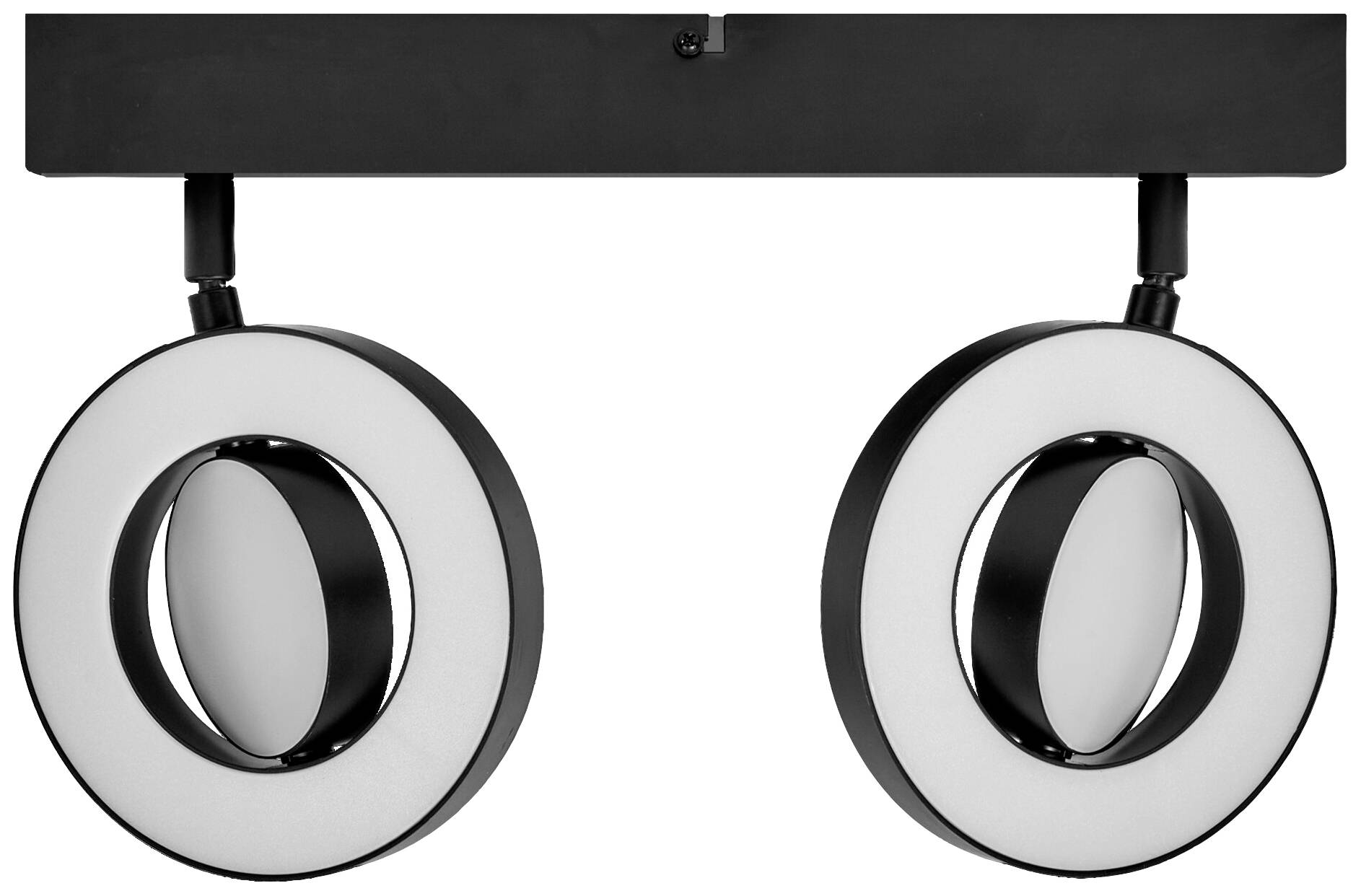 Deckenleuchte mit zwei runden LED-Spots in modernem Design, schwarz-weiß; verstellbar zur gezielten Beleuchtung.