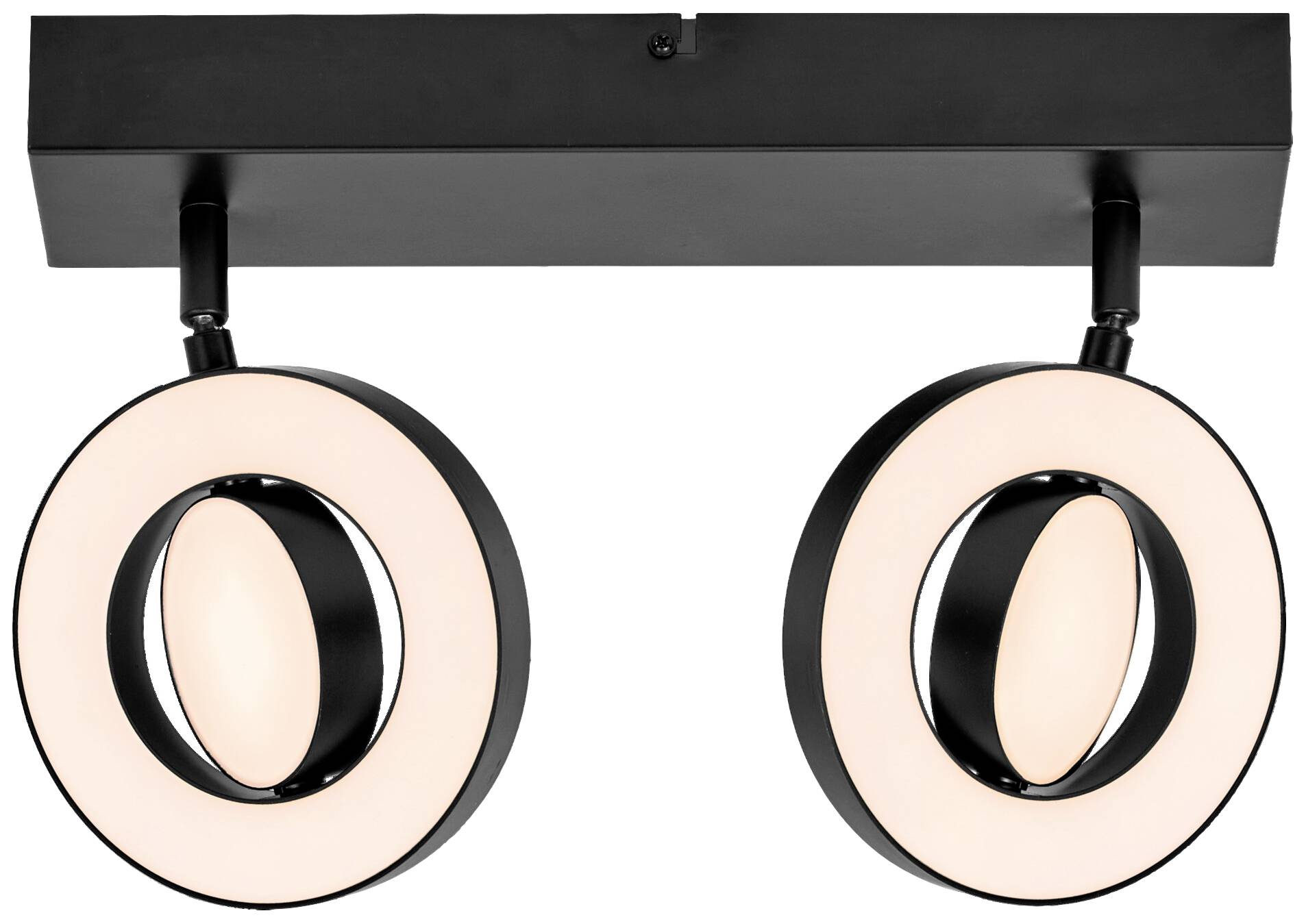 Schwarze Deckenleuchte mit zwei runden, weißen LED-Leuchtkörpern in einem modernen Design.