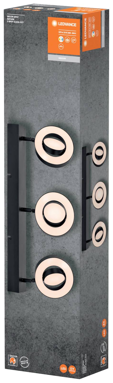 LED-Leuchte in rechteckiger Verpackung mit Markenlogo 'LEDVANCE'. Drei runde Leuchten sichtbar an der Seite, grafisches Design.