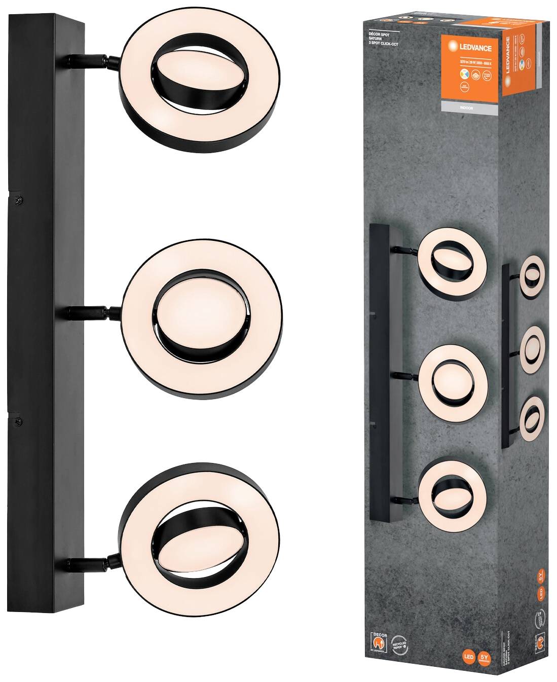 Schwarze LED-Deckenleuchte mit drei runden Strahlern, modern gestaltet. Verpackung zeigt Produktabbildung mit Logos und Details.