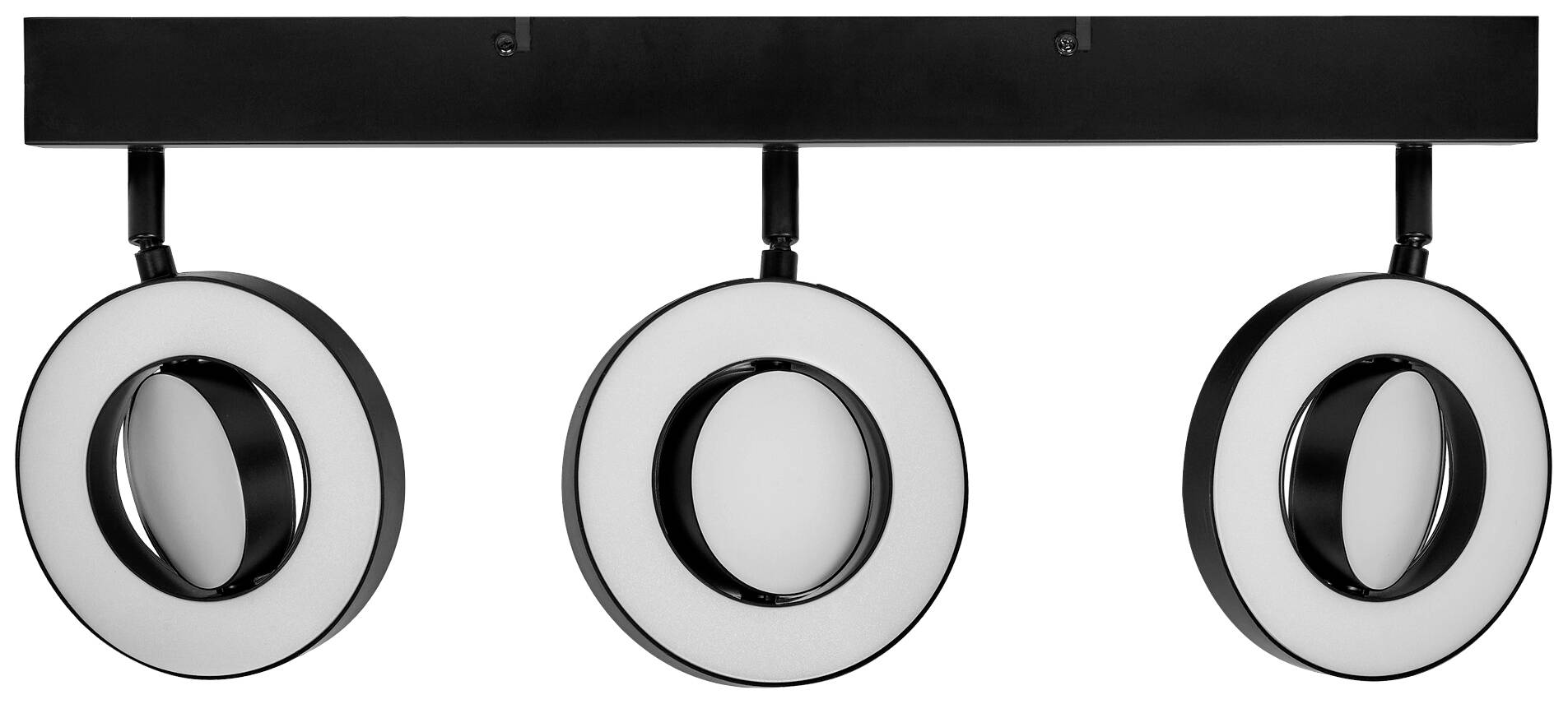 Eine moderne Deckenleuchte mit drei kreisförmigen, schwenkbaren Spots, die an einer rechteckigen Halterung befestigt sind.