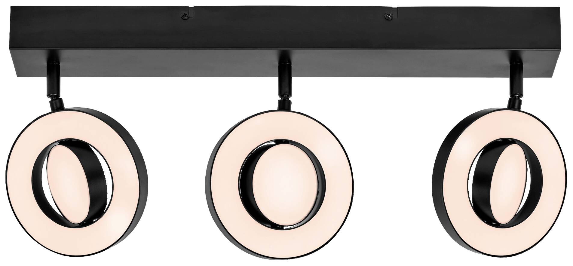 Drei runde, schwarze Deckenleuchten mit kreisförmigen LED-Einsätzen in einer geraden Linie an einer rechteckigen Halterung befestigt.