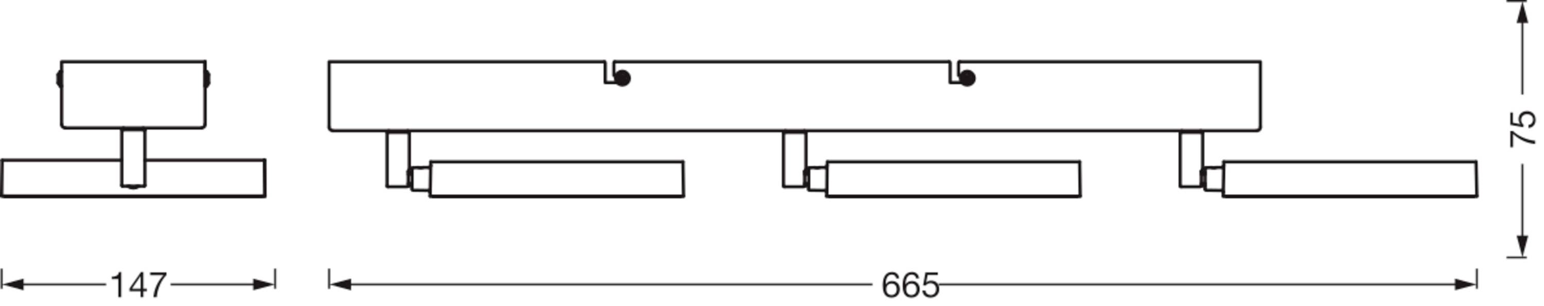 Strichzeichnung einer Deckenleuchte mit drei rechteckigen Spots. Maße: Länge 665 mm, Breite 147 mm, Höhe 75 mm.