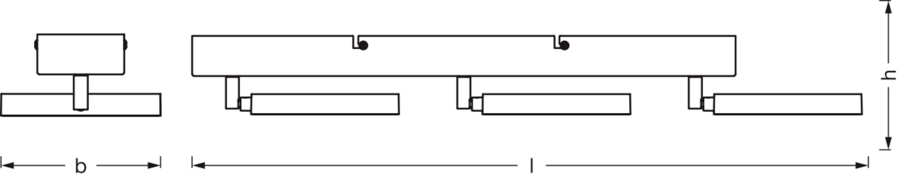 Technische Zeichnung einer Beleuchtungsschiene mit Maßen. Zeigt die Befestigungsbasis, Schienenlänge 'l', Breite 'b' und Höhe 'h'.