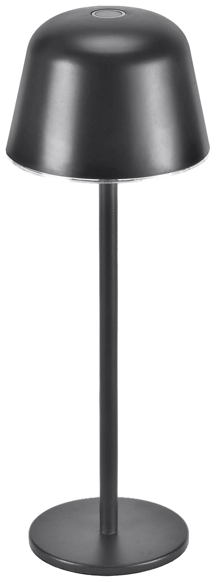 Schwarze, moderne Tischlampe mit rundem Lampenschirm und schlankem Standfuß auf kreisförmigem Sockel. Ideal für minimalistisches Design.