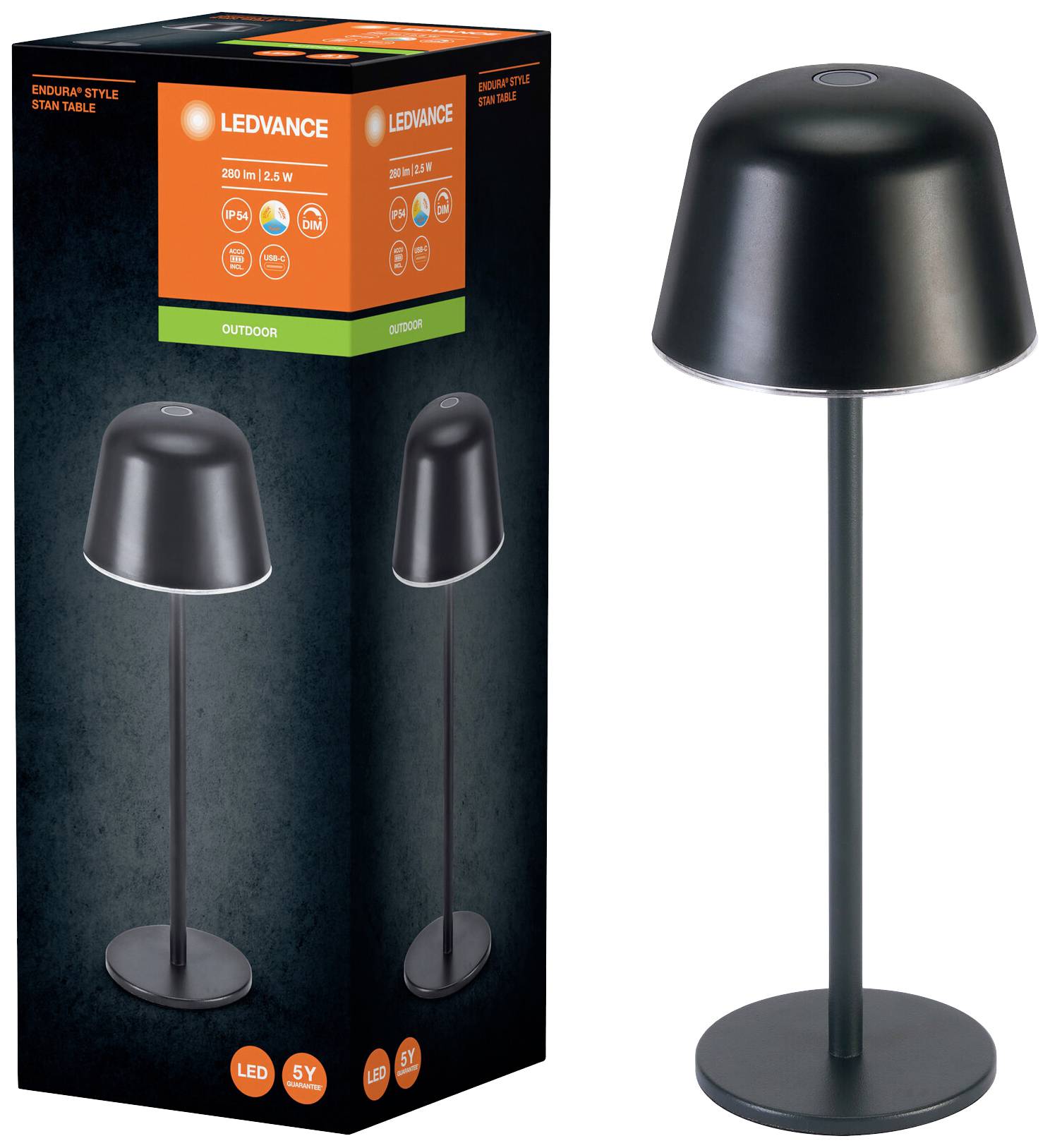 LED-Tischleuchte von Ledvance: Outdoor-fähig, schwarzes Design, 190 lm, 2,2 W, für stilvolle Außenbeleuchtung.