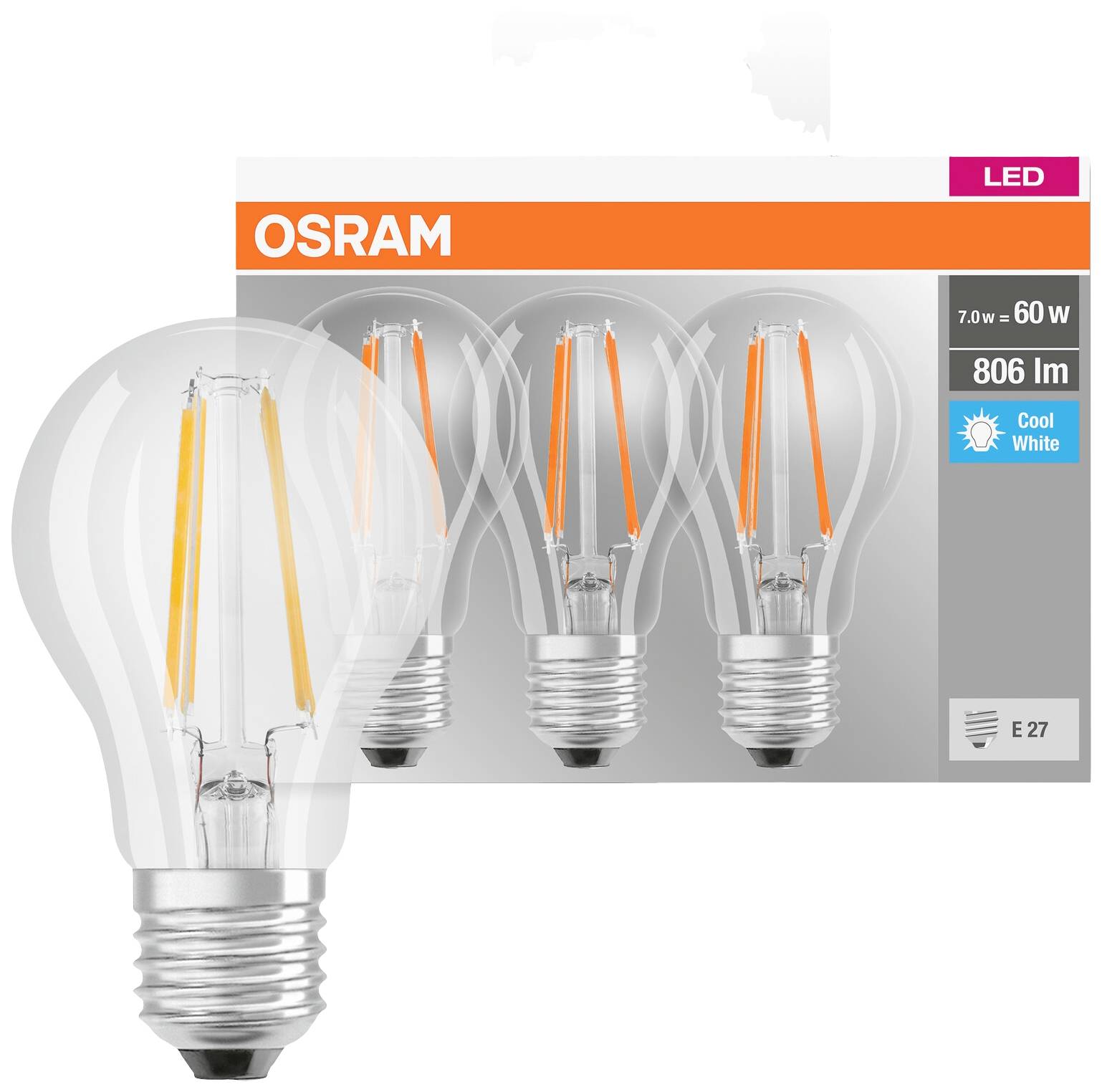 Vier OSRAM LED-Glühbirnen in einer Verpackung, 7 W entspricht 60 W, 806 Lumen, E27 Sockel, Lichtfarbe: Cool White.