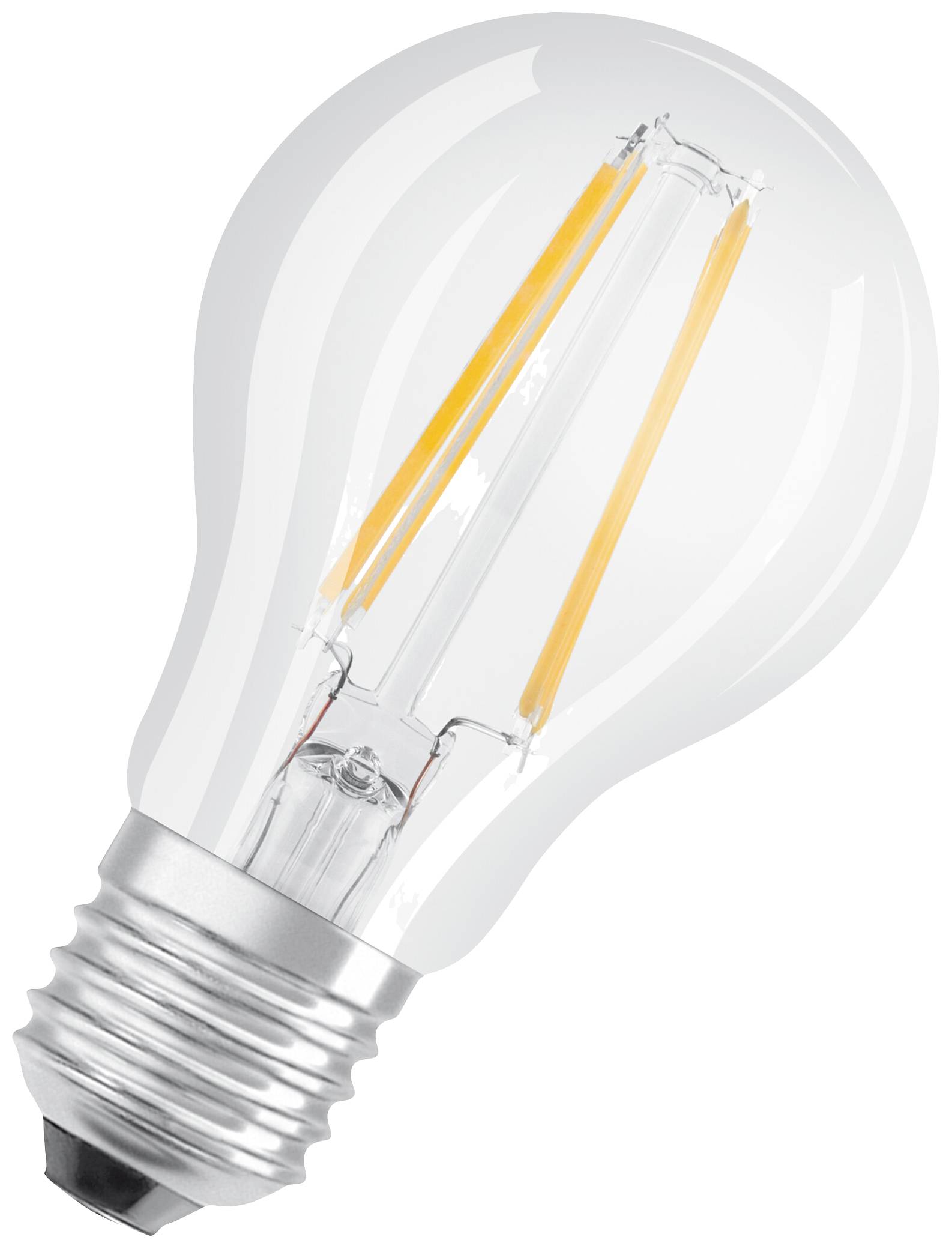 Eine LED-Glühbirne mit klarer Glasoberfläche und sichtbaren Filamenten, die Energieeffizienz symbolisieren.