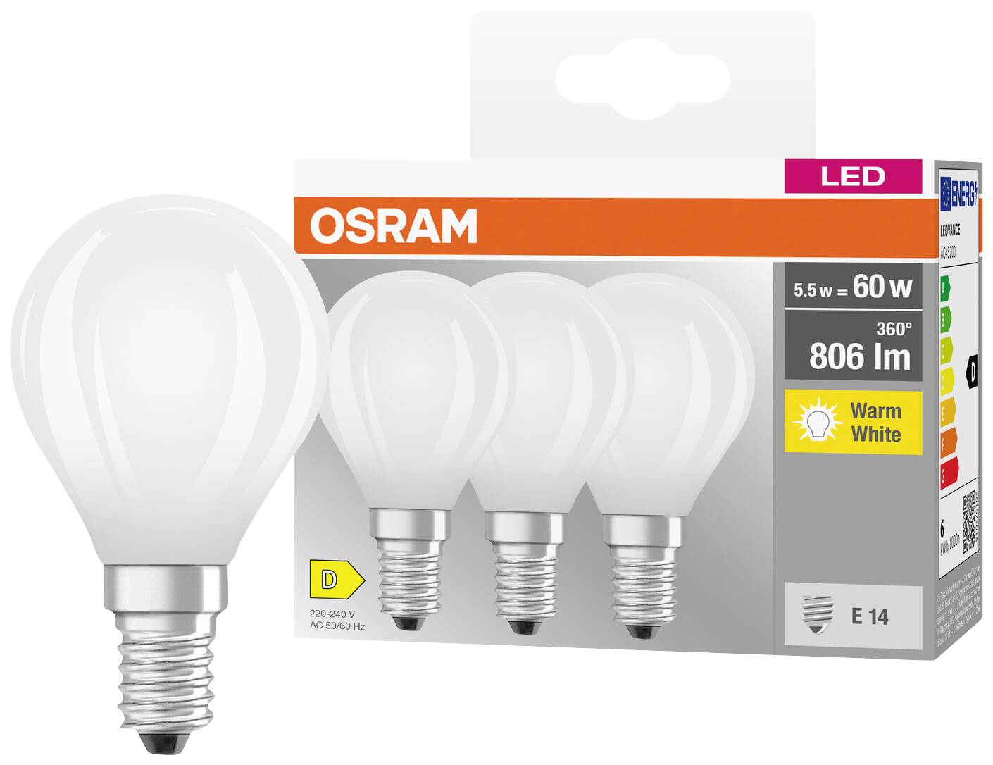 OSRAM HOMELIGHTING 4058075592599 LED EEK D (A - G) E14 Tropfenform 5.5W = 60W Warmweiß (Ø x H) 45mm x 45mm 3St.