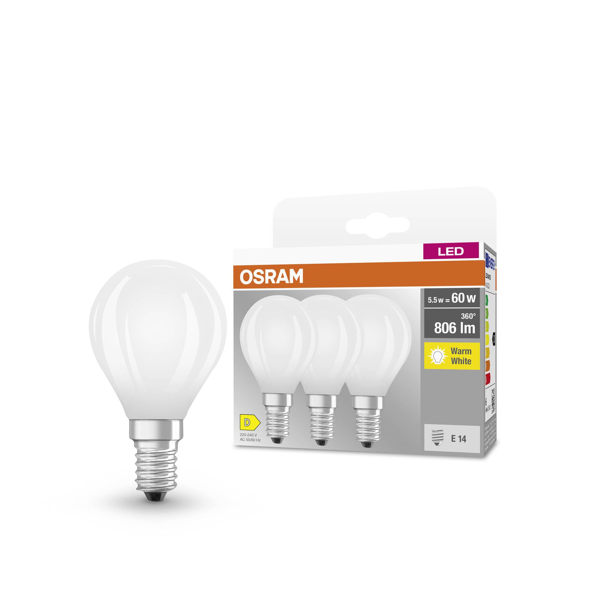 OSRAM HOMELIGHTING 4058075592599 LED EEK D (A - G) E14 Tropfenform 5.5W = 60W Warmweiß (Ø x H) 45mm x 45mm 3St.