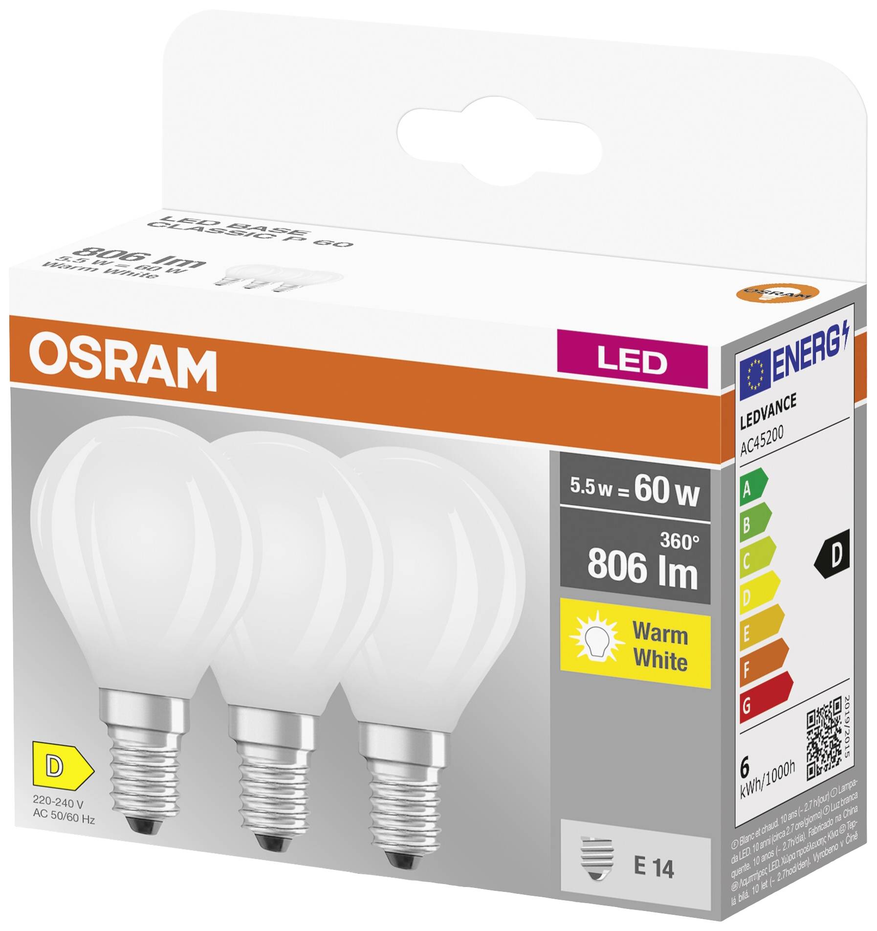 OSRAM HOMELIGHTING 4058075592599 LED EEK D (A - G) E14 Tropfenform 5.5W = 60W Warmweiß (Ø x H) 45mm x 45mm 3St.
