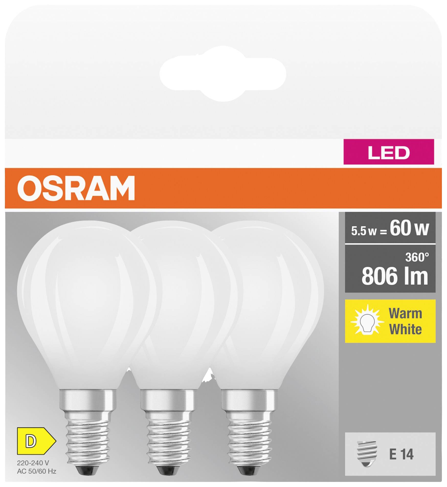 OSRAM HOMELIGHTING 4058075592599 LED EEK D (A - G) E14 Tropfenform 5.5W = 60W Warmweiß (Ø x H) 45mm x 45mm 3St.