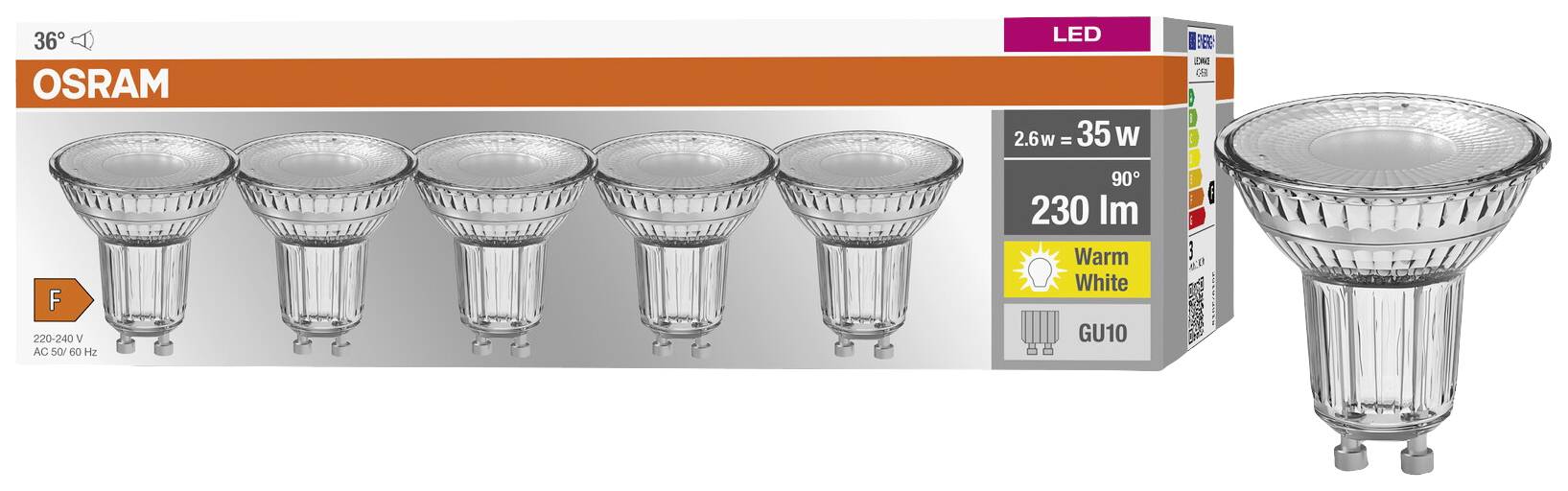 LED-Spot von Osram, GU10 Sockel, 230 Lumen, warmweißes Licht, 2,6W entspricht 35W, 36° Abstrahlwinkel in 5er Packung dargestellt.