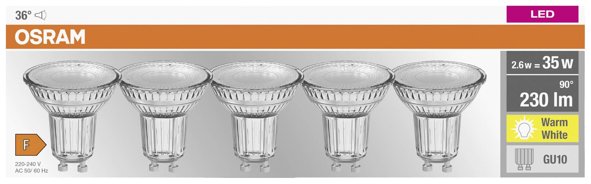 Verpackung von OSRAM LED-Lampen mit 5 Stück, je 2,6 W, 230 lm, warmweiß, GU10-Fassung, Energieklasse F.
