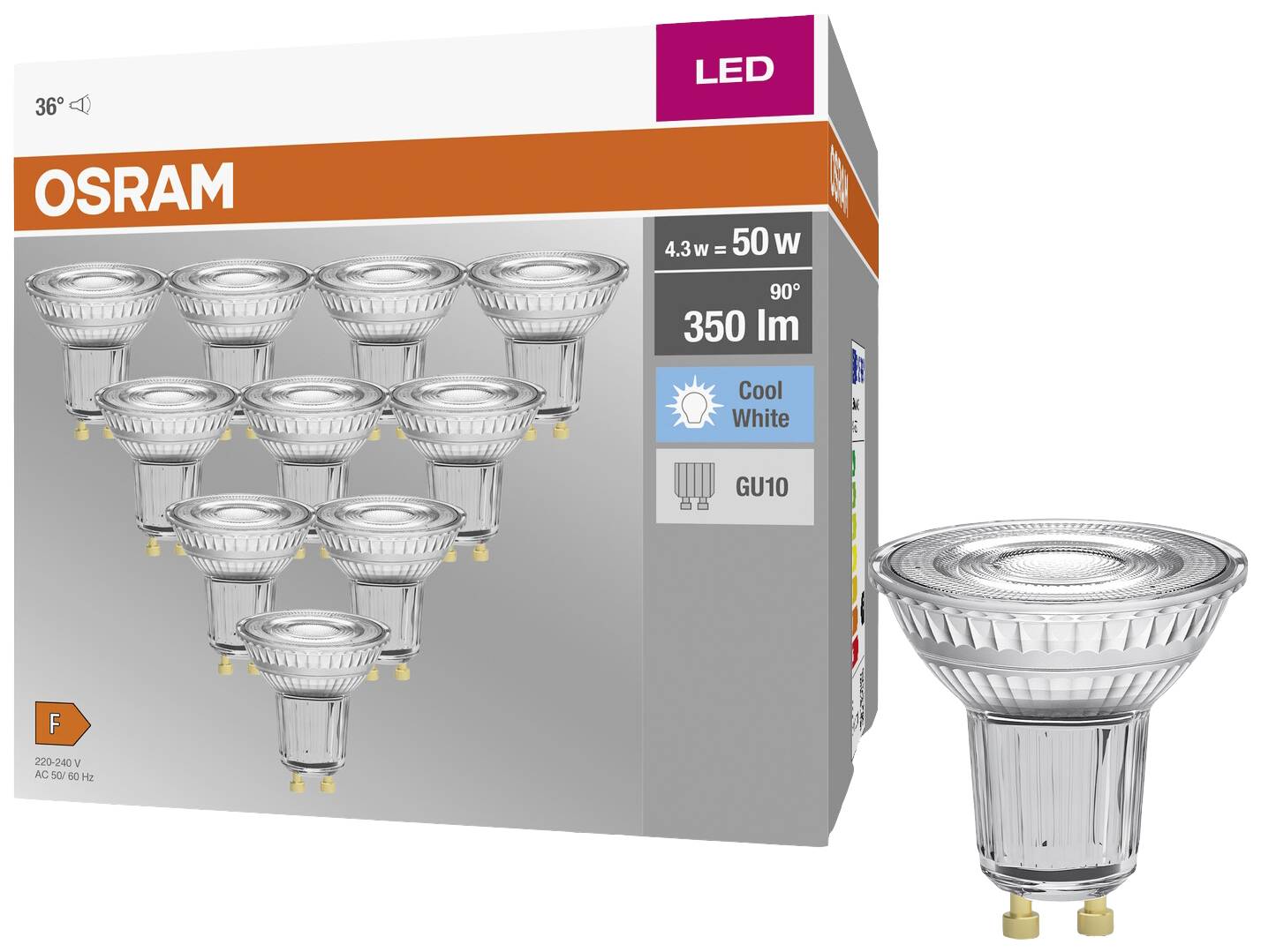OSRAM HOMELIGHTING 4058075036703 LED EEK F (A - G) GU10 Reflektor 4.3W = 50W Neutralweiß (Ø x H) 50mm x 50mm 10St.