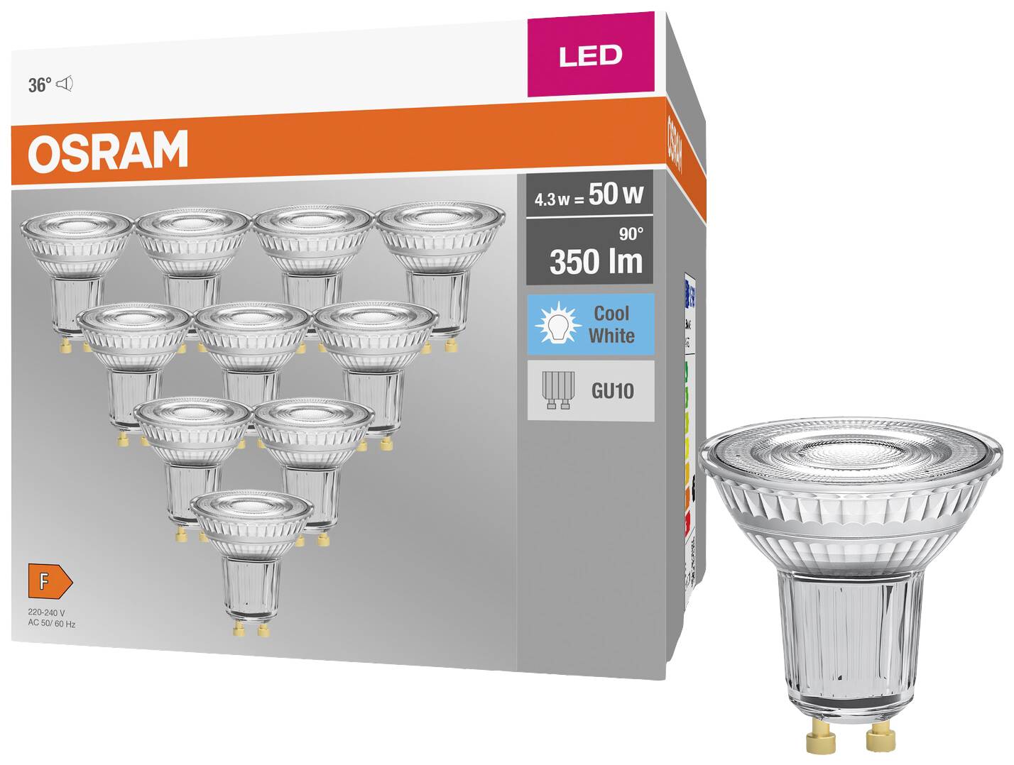 OSRAM HOMELIGHTING 4058075036703 LED EEK F (A - G) GU10 Reflektor 4.3W = 50W Neutralweiß (Ø x H) 50mm x 50mm 10St.