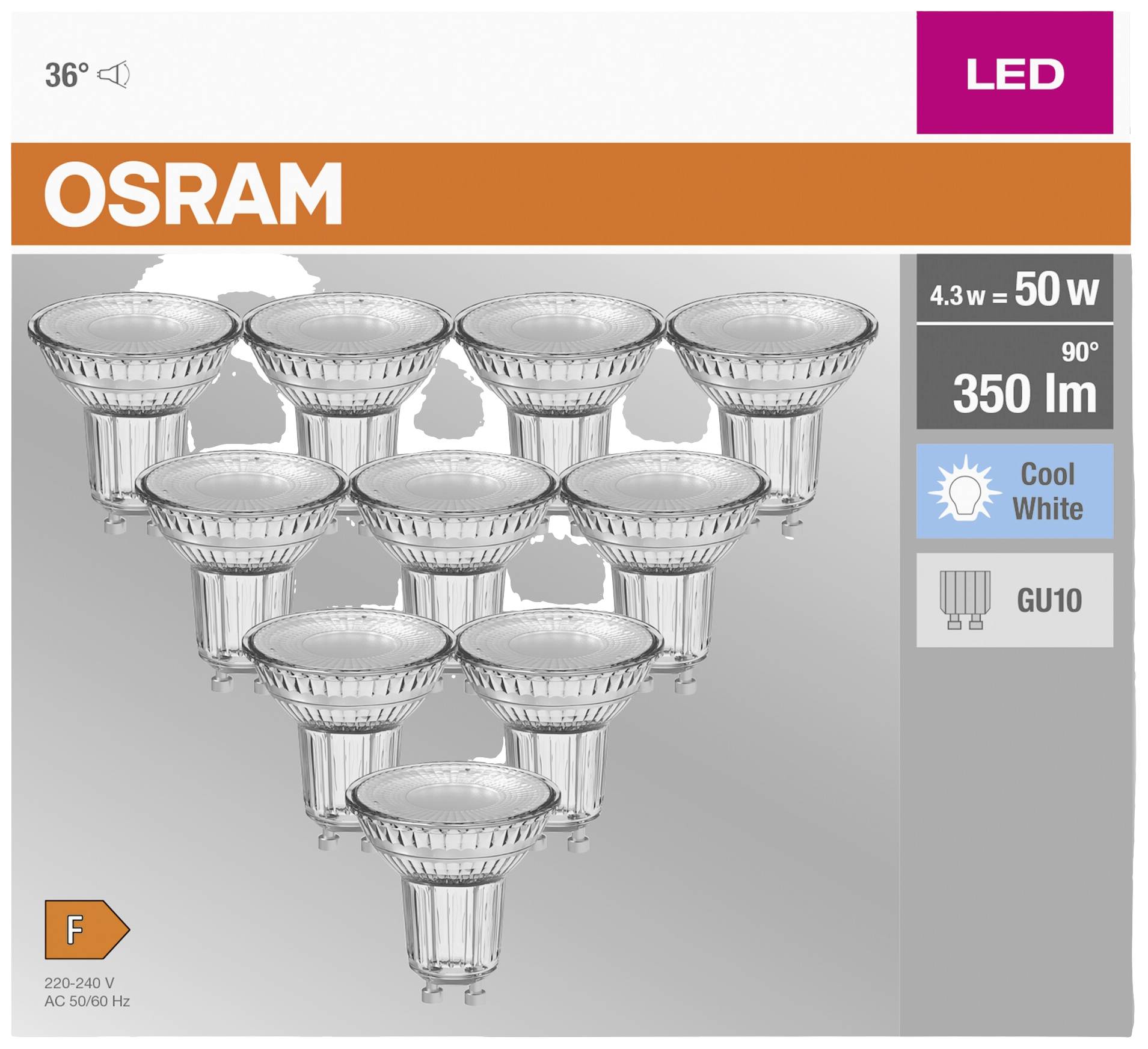 OSRAM HOMELIGHTING 4058075036703 LED EEK F (A - G) GU10 Reflektor 4.3W = 50W Neutralweiß (Ø x H) 50mm x 50mm 10St.