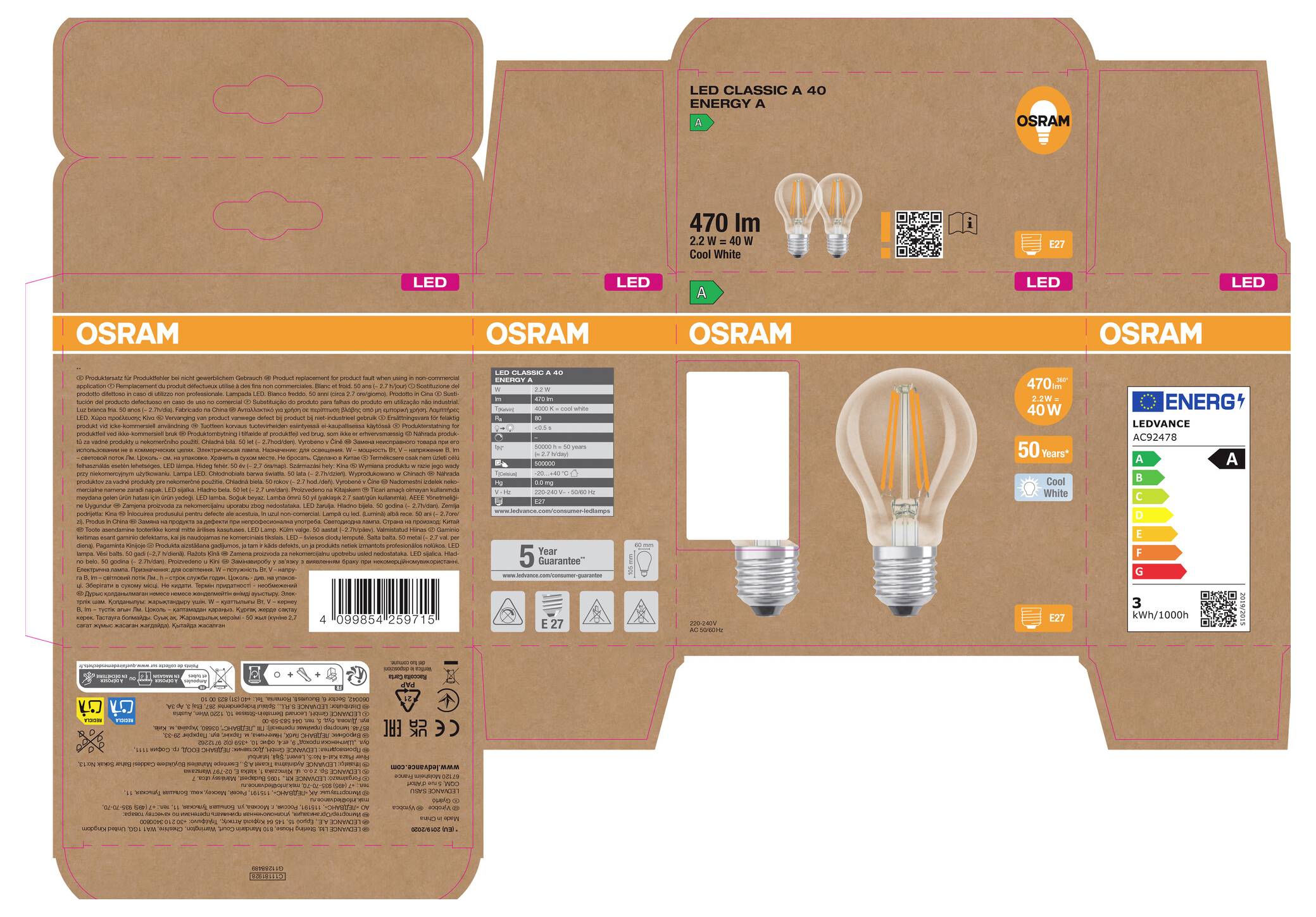 OSRAM LED Classic A40 Glühbirne Verpackung mit Produktbildern, 470 lm Lichtstrom, 50 W Äquivalent und Energieeffizienzklasse A.