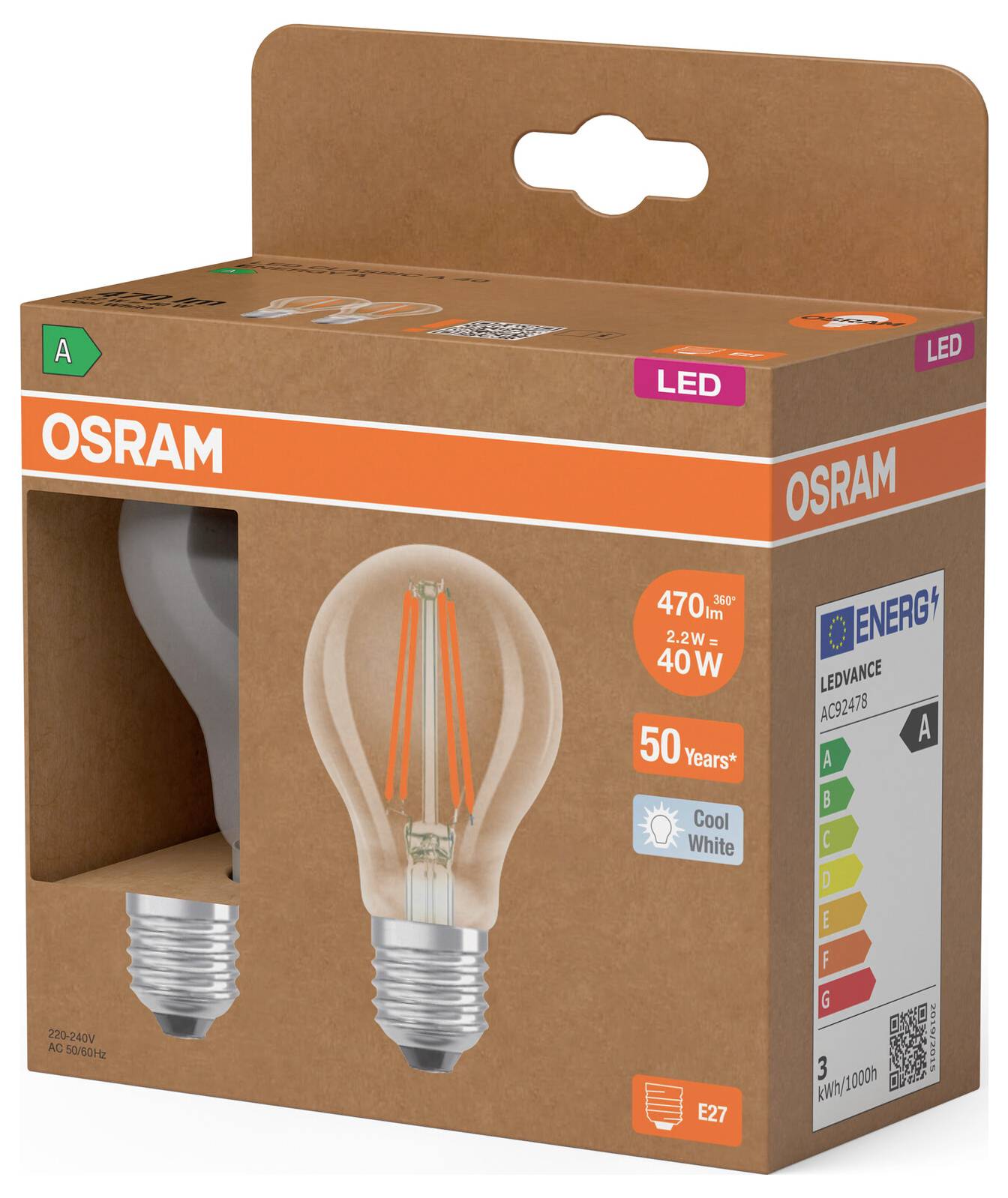 OSRAM LED-Glühbirnenpackung mit klarem Zwiebelbild, „Kaltweiß