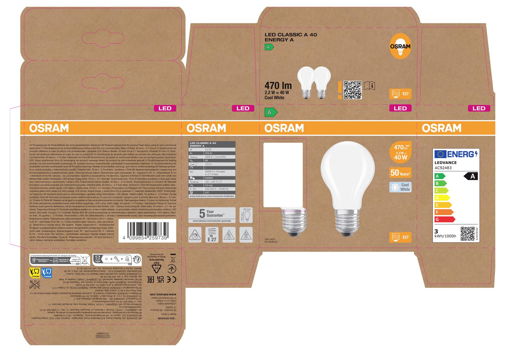 OSRAM LED Classic A 40 Glühbirnen-Verpackung mit einer 470 lm, 4,9 W LED-Glühbirne mit Energielabel, Produktbildern und Barcode.