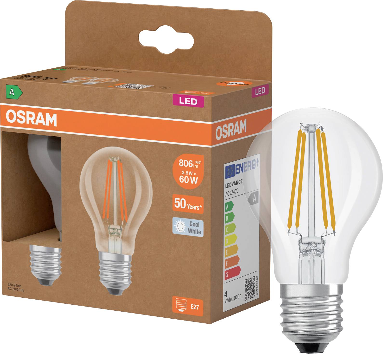 OSRAM LED-Glühbirne in Einzelhandelsverpackung mit deutlich sichtbarem A-förmigen Energielabel, 806 lm, 60-W-Äquivalent, Kaltweiß, E27-Fassung.