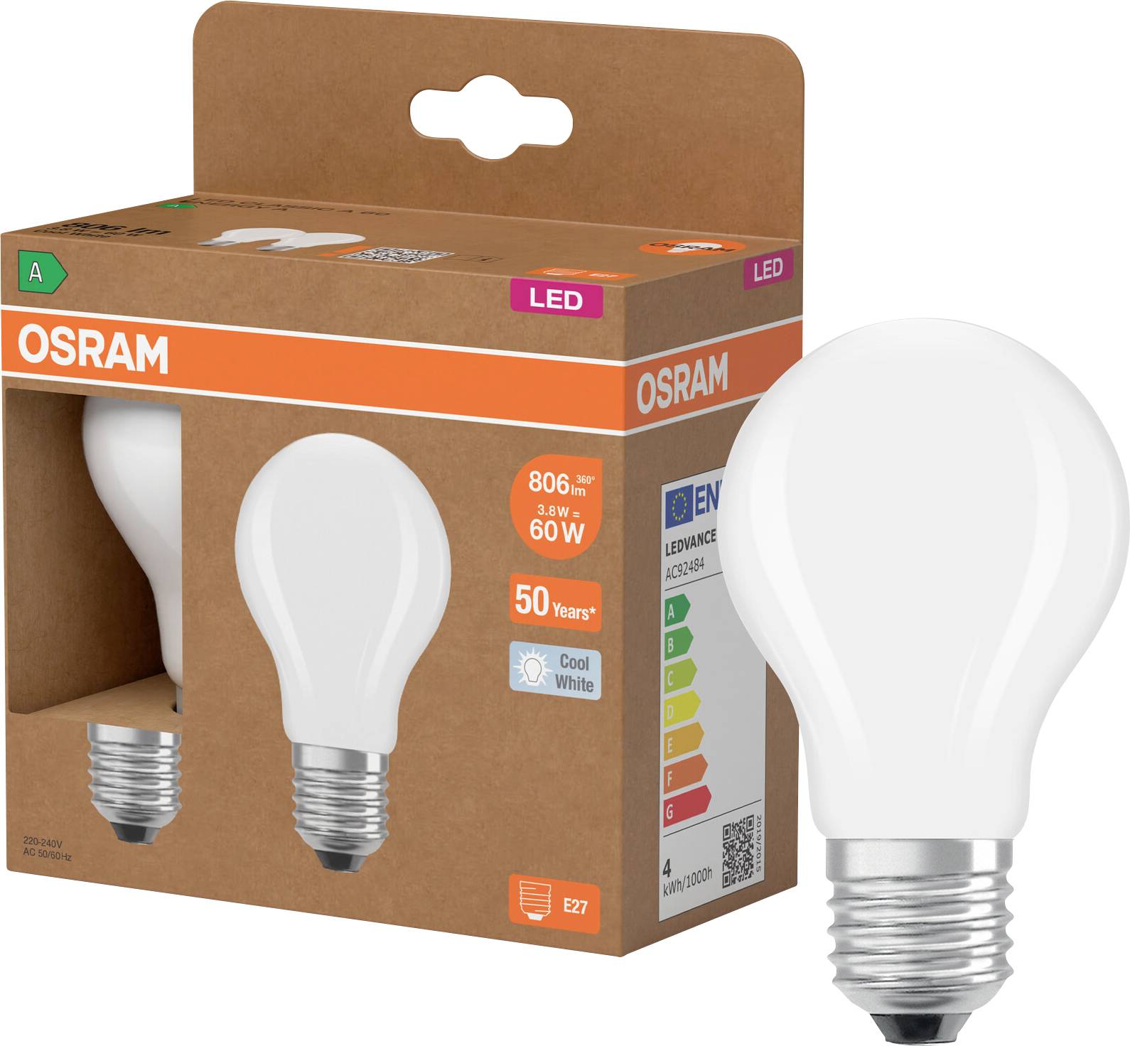 OSRAM LED-Glühbirne in brauner Einzelhandelsverpackung, mit einer großen weißen Glühbirne neben der Verpackung abgebildet.