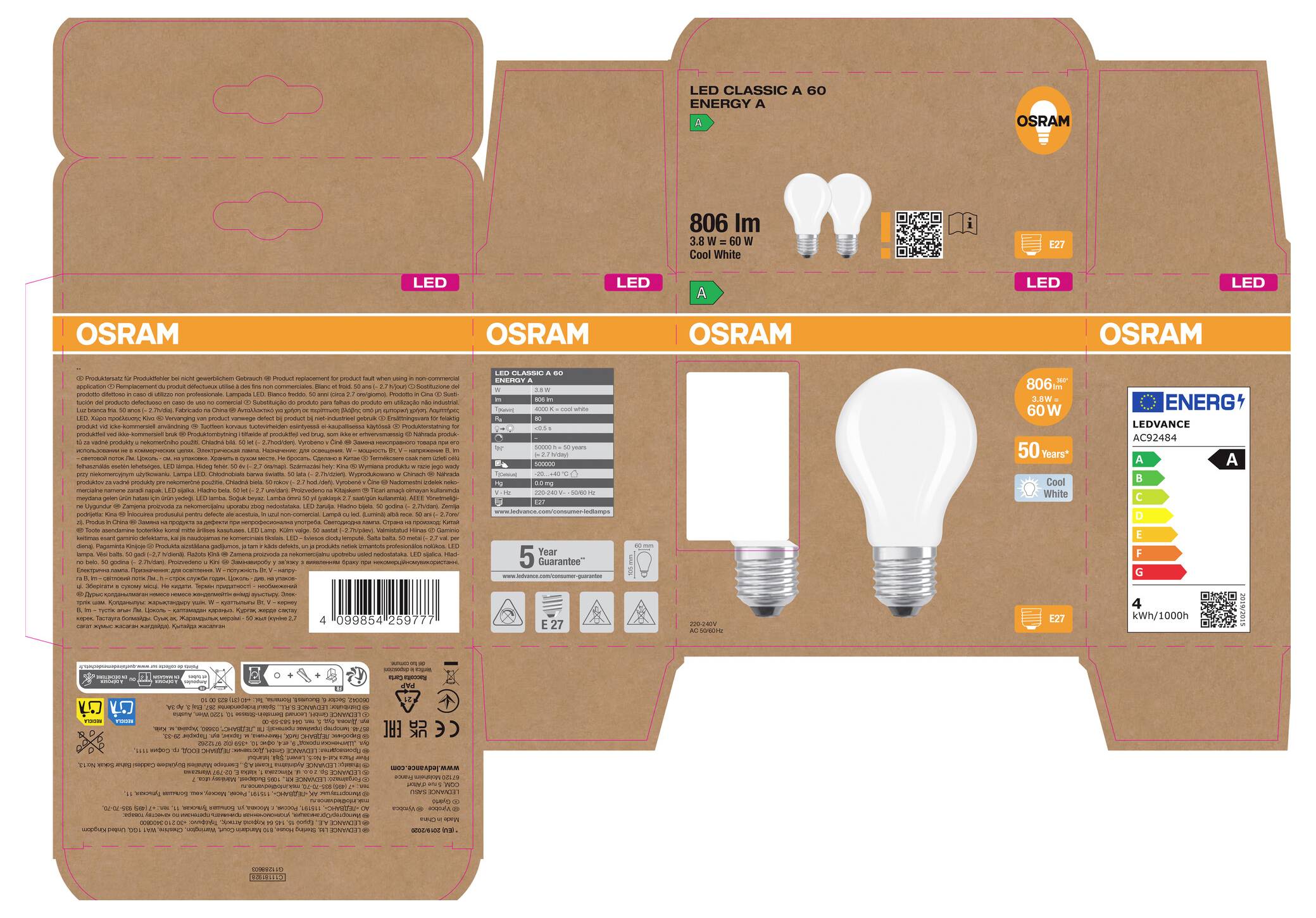 OSRAM LED Classic A60 Glühbirne in Einzelhandelsverpackung aus braunem Karton mit Produktabbildung, 806 lm, 6,5W und Energielabel.