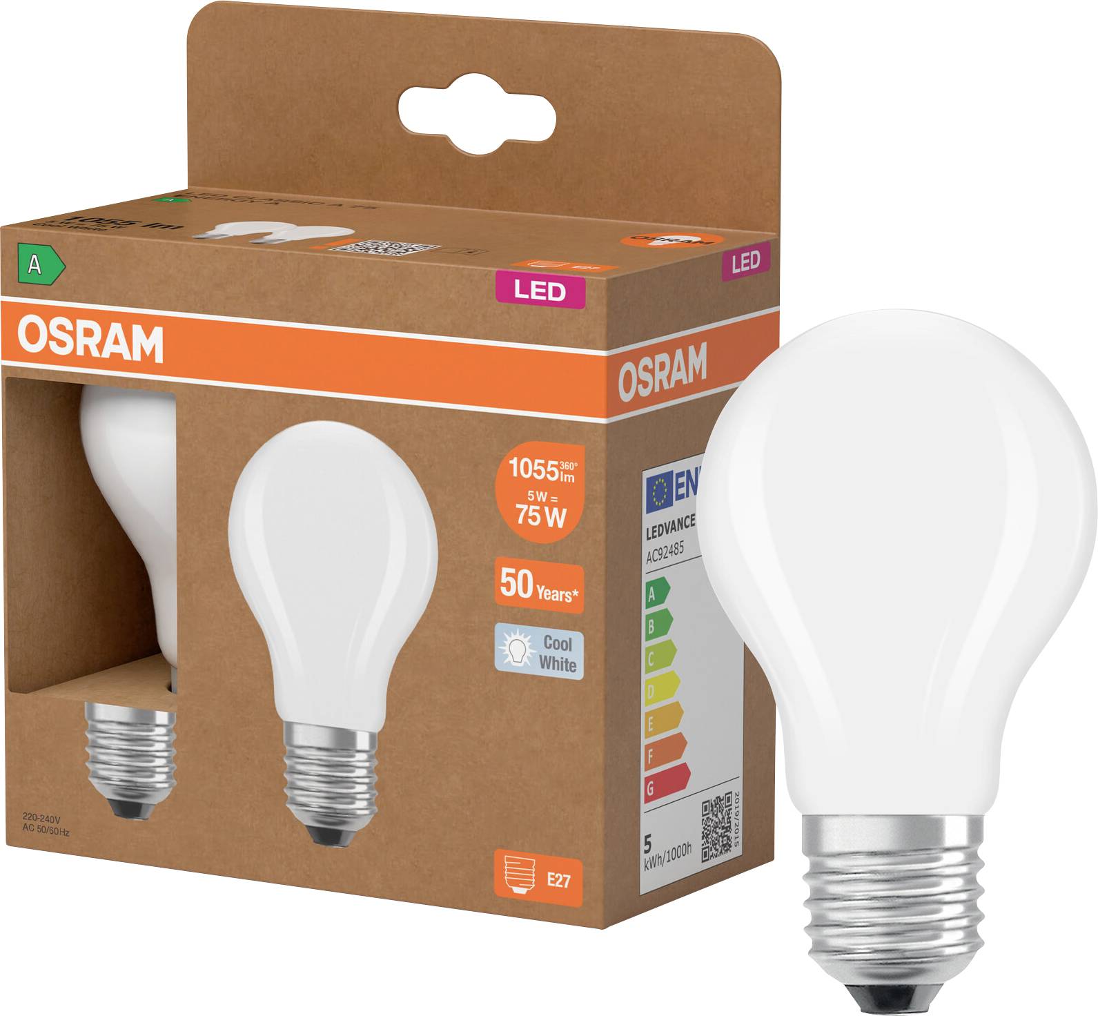 OSRAM LED-Glühbirne in Verpackung mit einer daneben gezeigten Glühbirne, gekennzeichnet mit 5W, 75W-Äquivalent, kühles Weiß, E27.