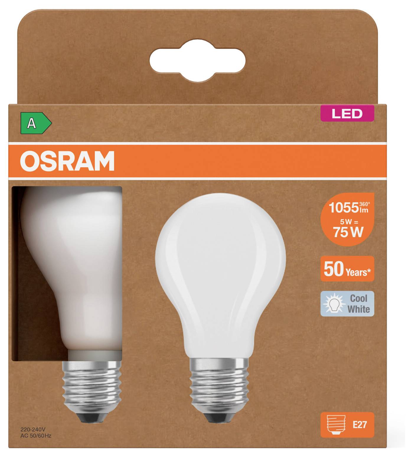 OSRAM LED-Glühbirne Verpackung für E27, zeigt eine 75-W-Äquivalent-Glühbirne in Kaltweiß mit 1055 lm und einer Lebensdauerversprechung von 50 Jahren.
