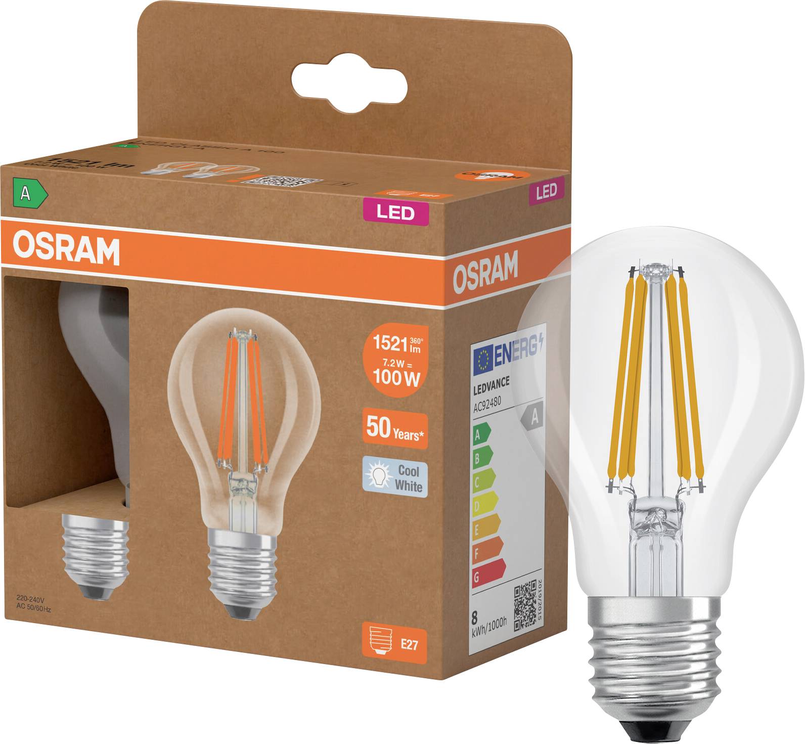 OSRAM LED-Glühbirne in Kartonverpackung, gekennzeichnet mit 1521 lm, 7,2 W, 100 W Entsprechung, 50 Jahre, kaltweißes Licht, E27-Fassung.