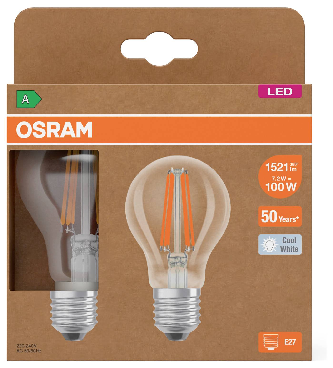 OSRAM LED-Glühbirne in einer Verpackung mit einer E27-Fassung, 100-W-Äquivalent, 1521 lm, Kaltweiß, Energieklasse A.