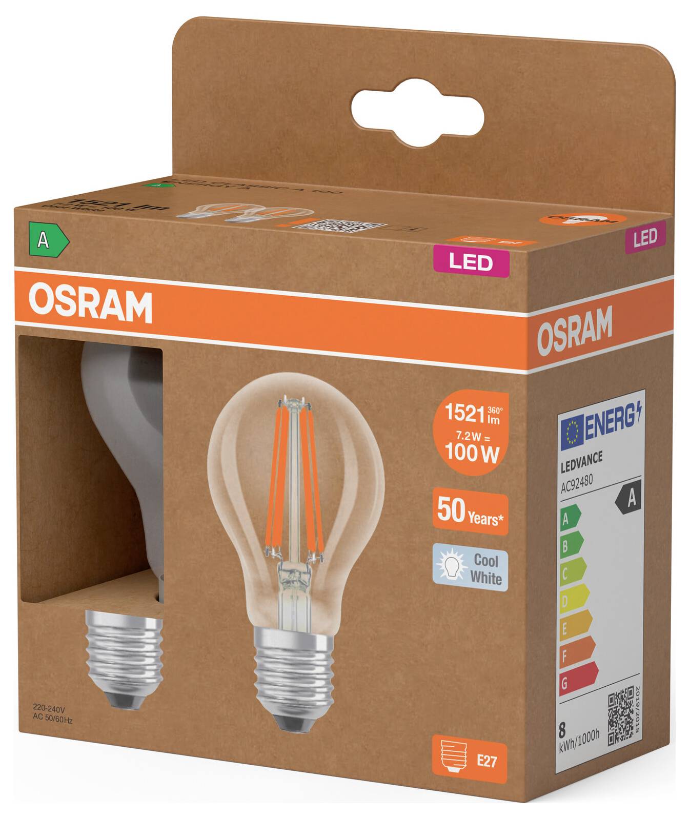 OSRAM LED-Glühbirnenverpackung, warme braune Verpackung mit klarem Fenster, zeigt eine E27 100W Glühbirne in kaltem Weiß und Energieeffizienzklasse A.