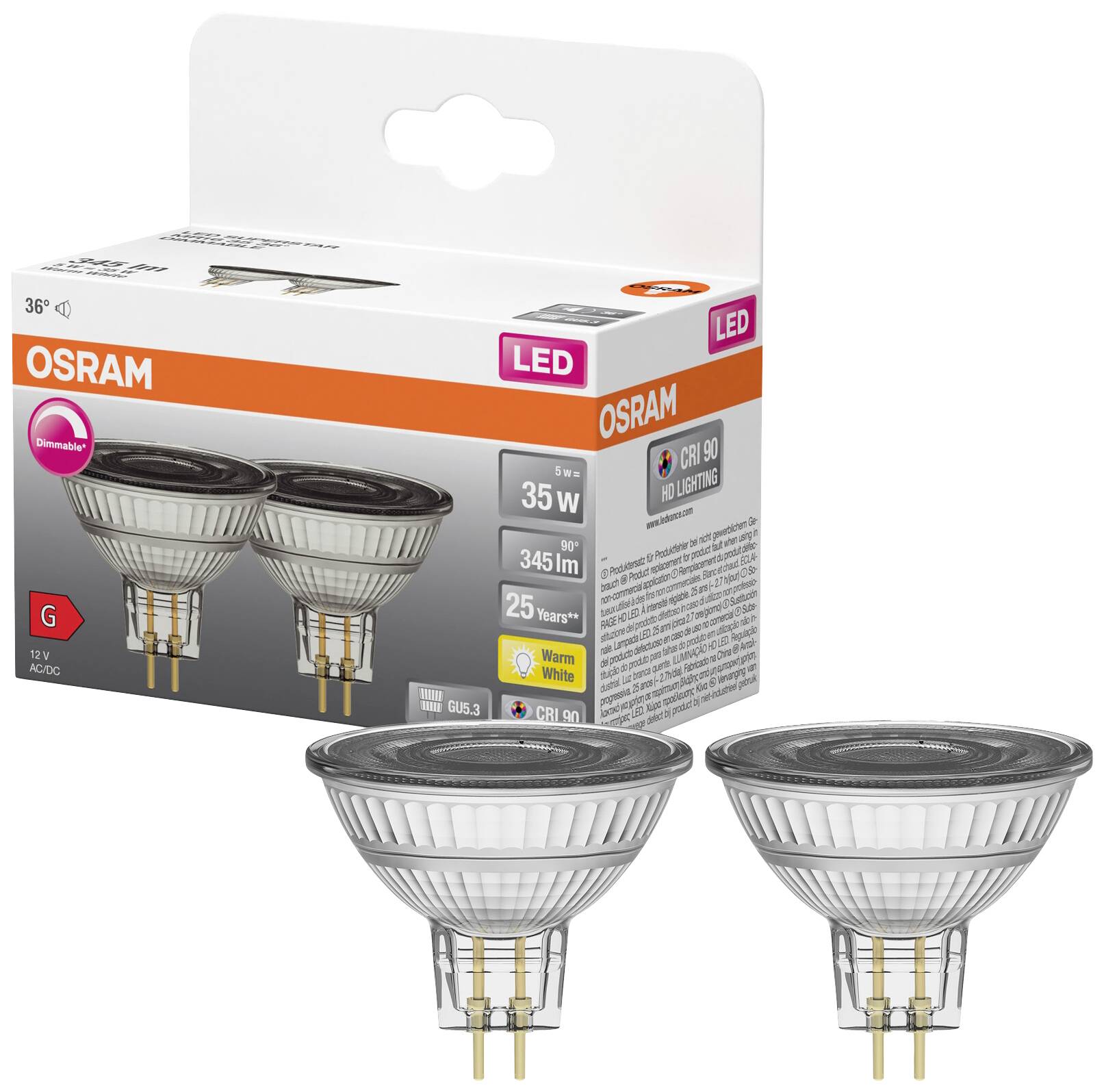 OSRAM HOMELIGHTING 4099854103377 LED EEK G (A - G) GU5.3 Reflektor 5W = 35W Warmweiß (Ø x H) 50mm x 50mm 2St.