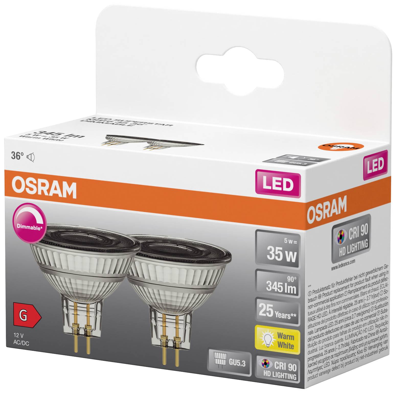 OSRAM HOMELIGHTING 4099854103377 LED EEK G (A - G) GU5.3 Reflektor 5W = 35W Warmweiß (Ø x H) 50mm x 50mm 2St.