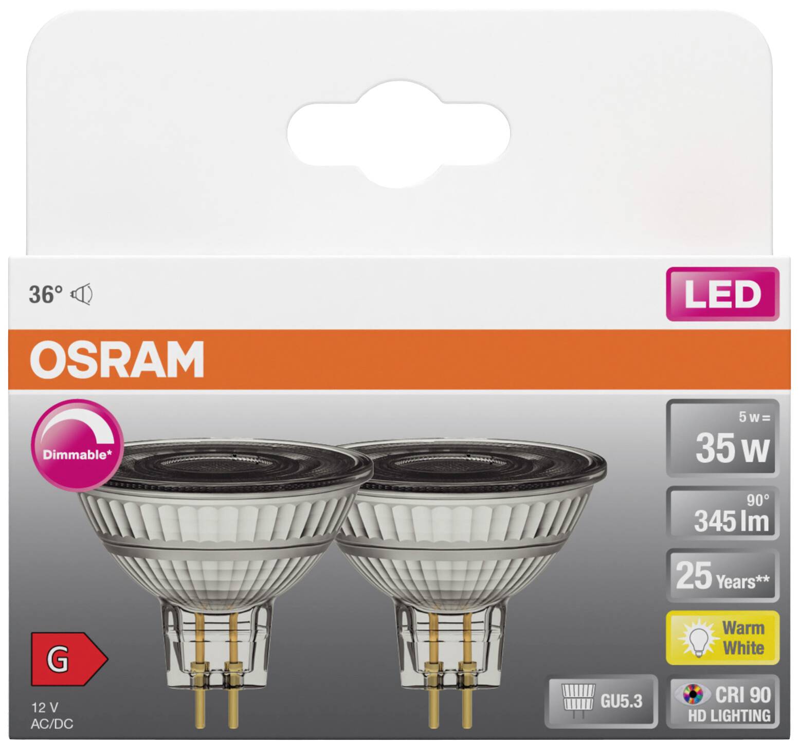 OSRAM HOMELIGHTING 4099854103377 LED EEK G (A - G) GU5.3 Reflektor 5W = 35W Warmweiß (Ø x H) 50mm x 50mm 2St.
