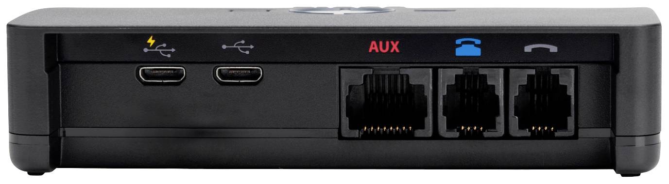 Ein schwarzer Router mit zwei USB-C-Anschlüssen und drei Ethernet-Anschlüssen, gekennzeichnet mit 'AUX', 'Telefon' und einem weiteren Symbol.
