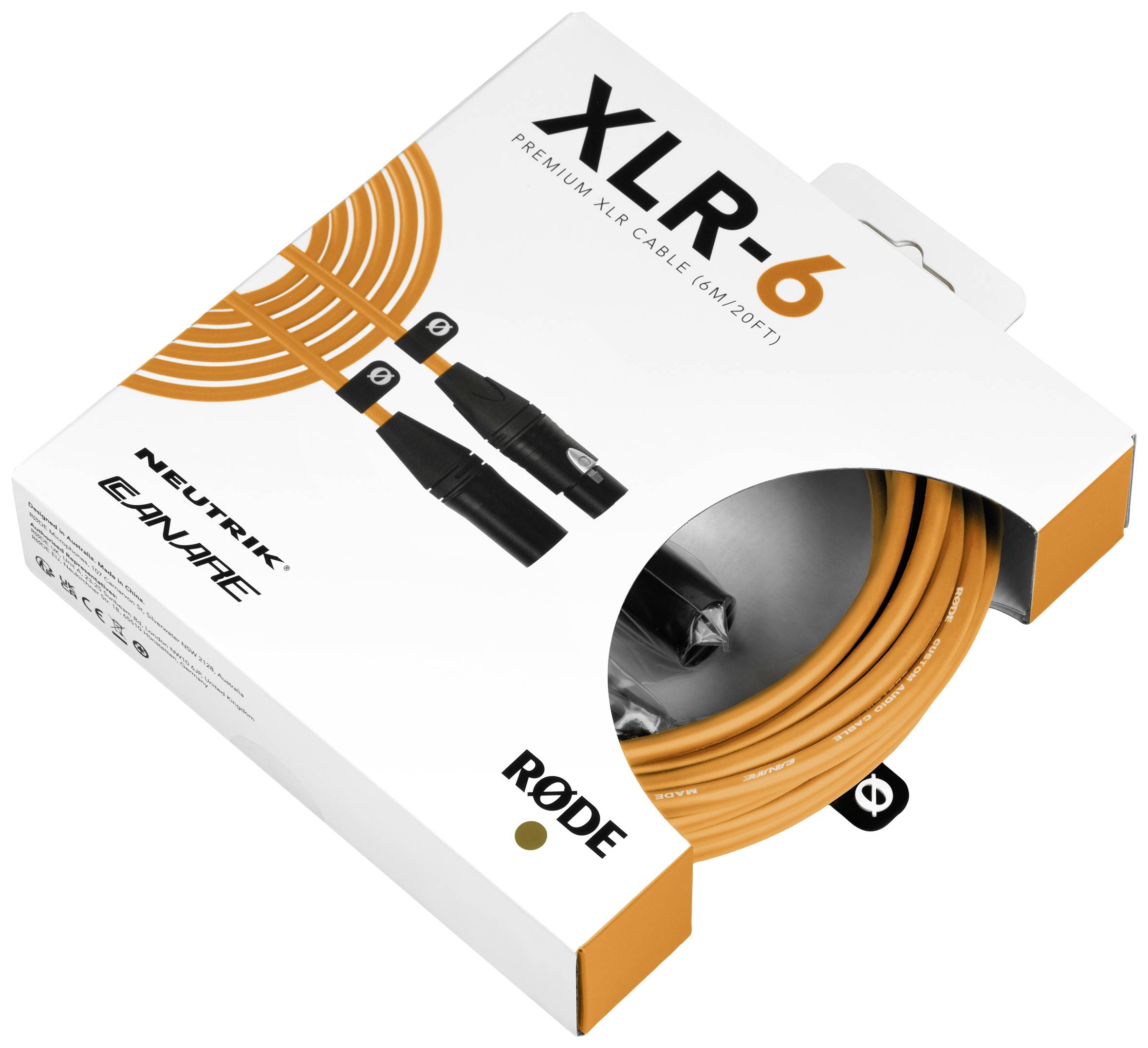 Verpackung eines orangenen XLR-Kabels, 6 Meter lang, von RØDE. Text auf der Verpackung: 'XLR-6 Premium XLR Cable (6m/20ft)'.